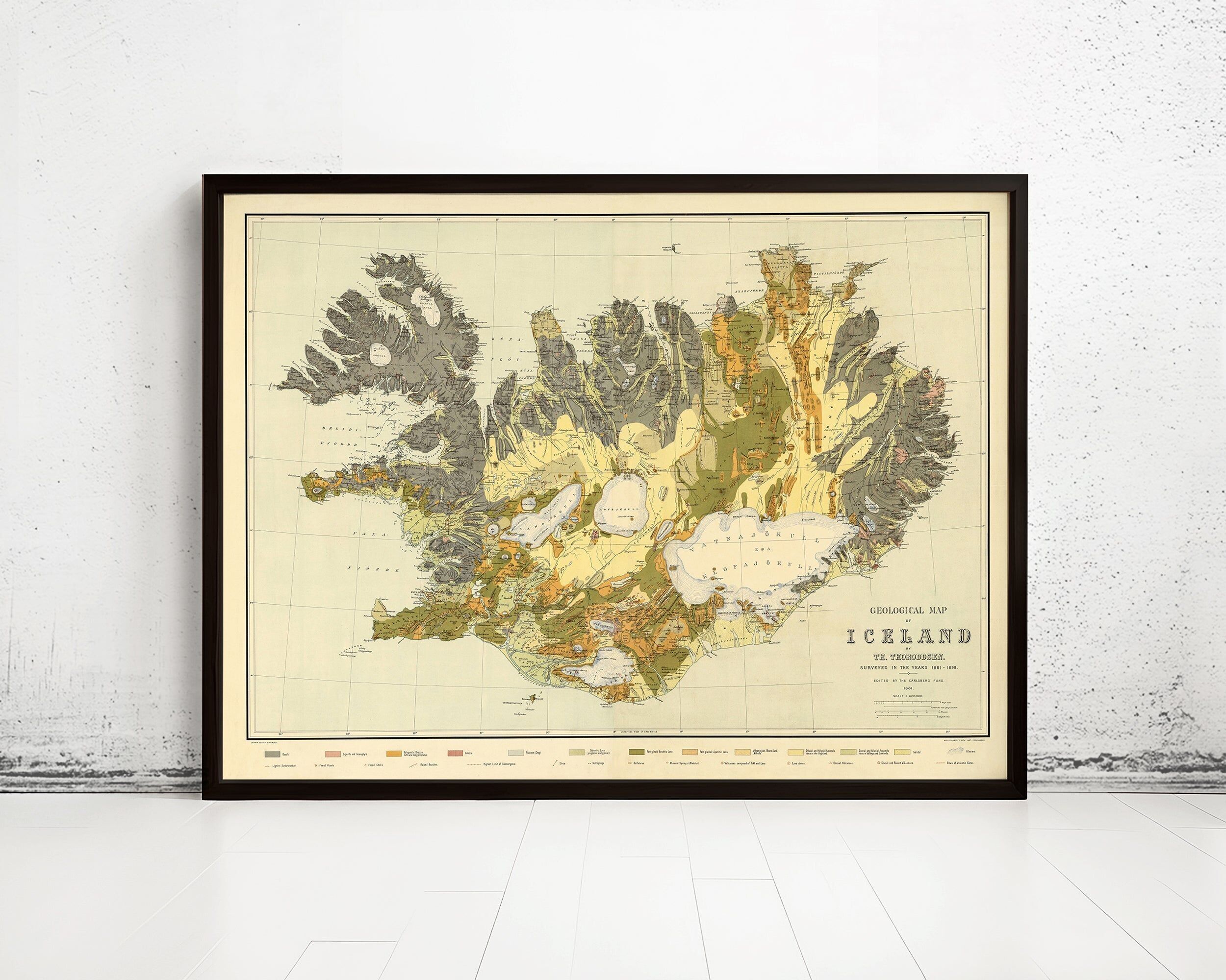 Old Map of Iceland Islandia 1898 Geological map Vintage Map | Vintage Map Wall Art Print