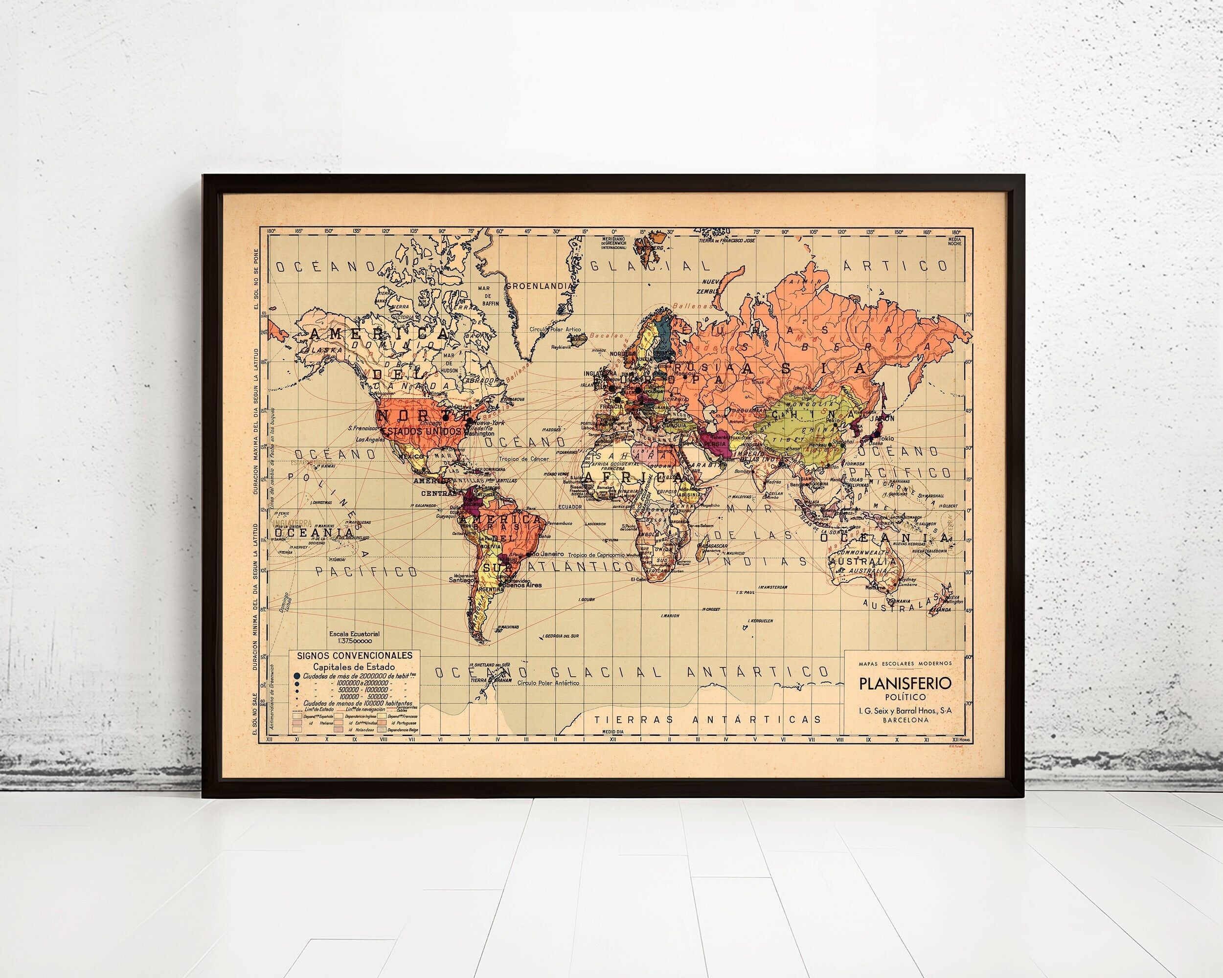 Old World Map Atlas Vintage World Map Mercator projection  | World Map Gift World Map Print | Vintage World Map | World Map Wall Art