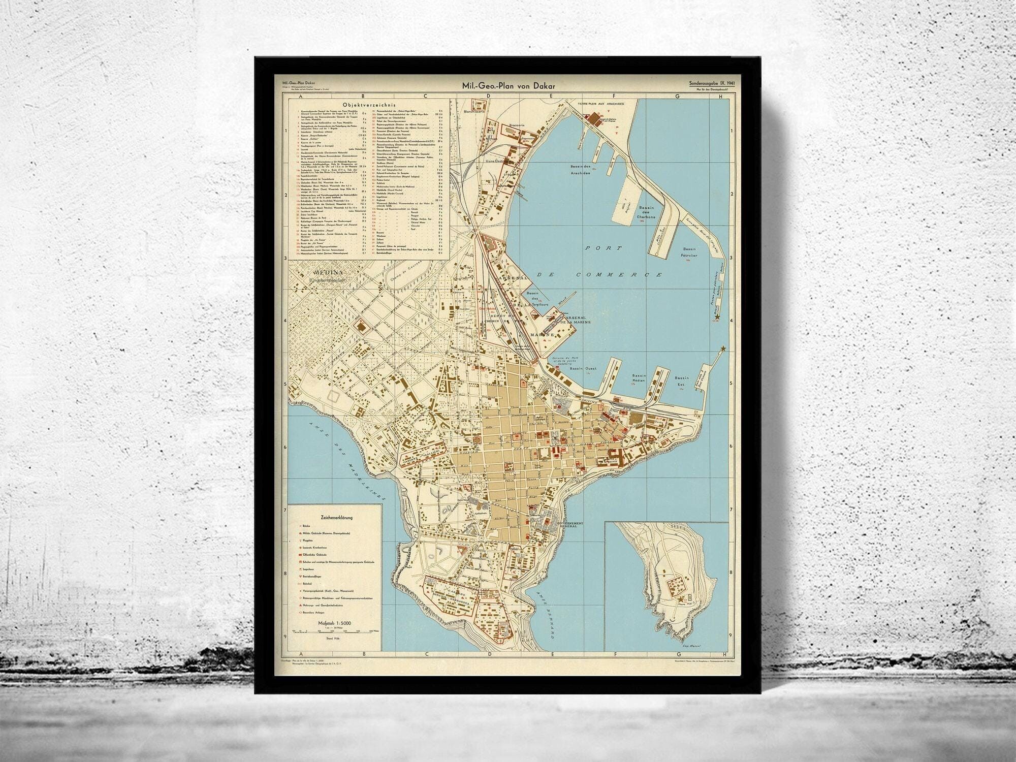 Old Map of Dakar Senegal 1941 Vintage Map | Vintage Map Wall Art Print