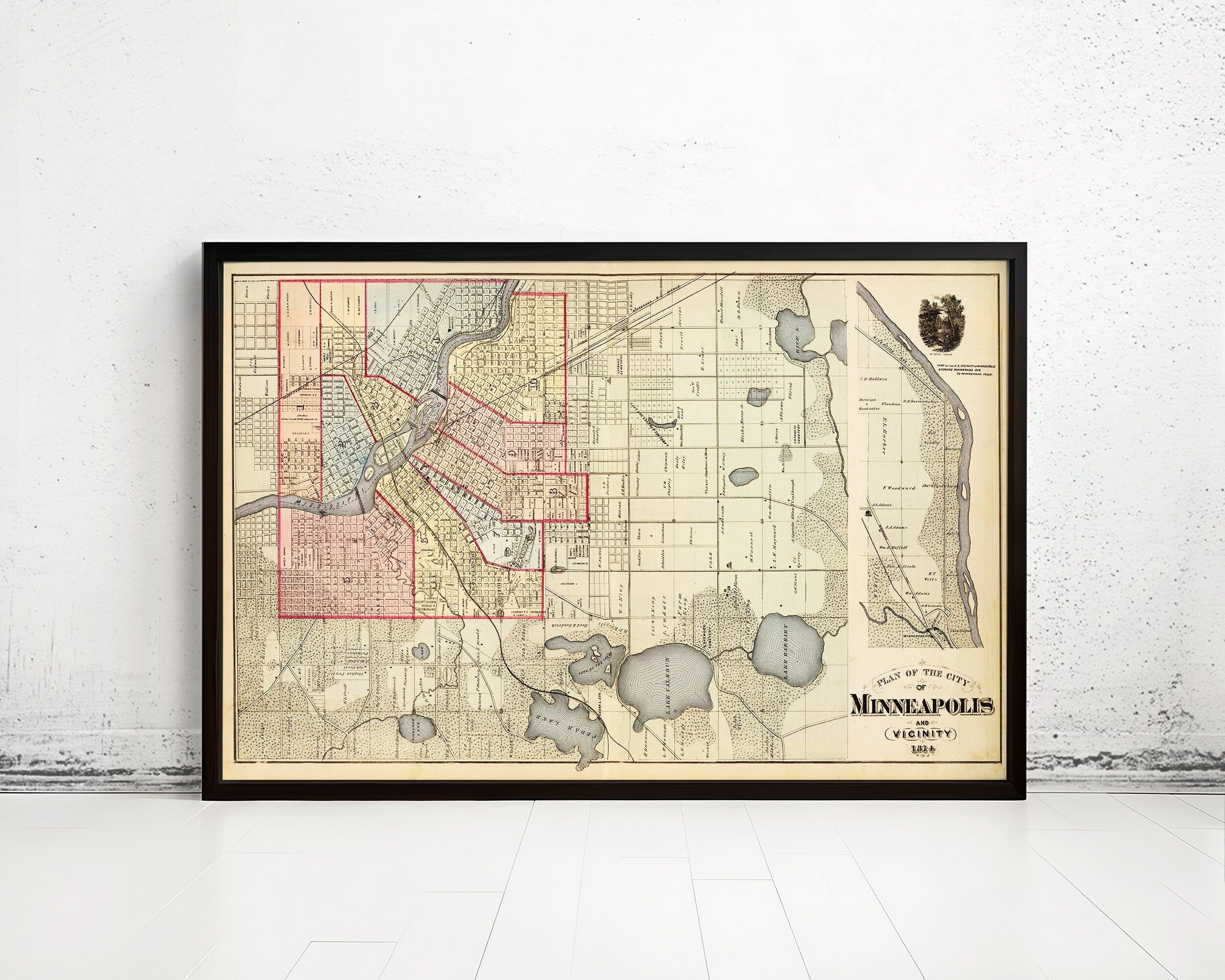 Old Map of Minneapolis 1871 Vintage Map | Vintage Map Wall Art Print