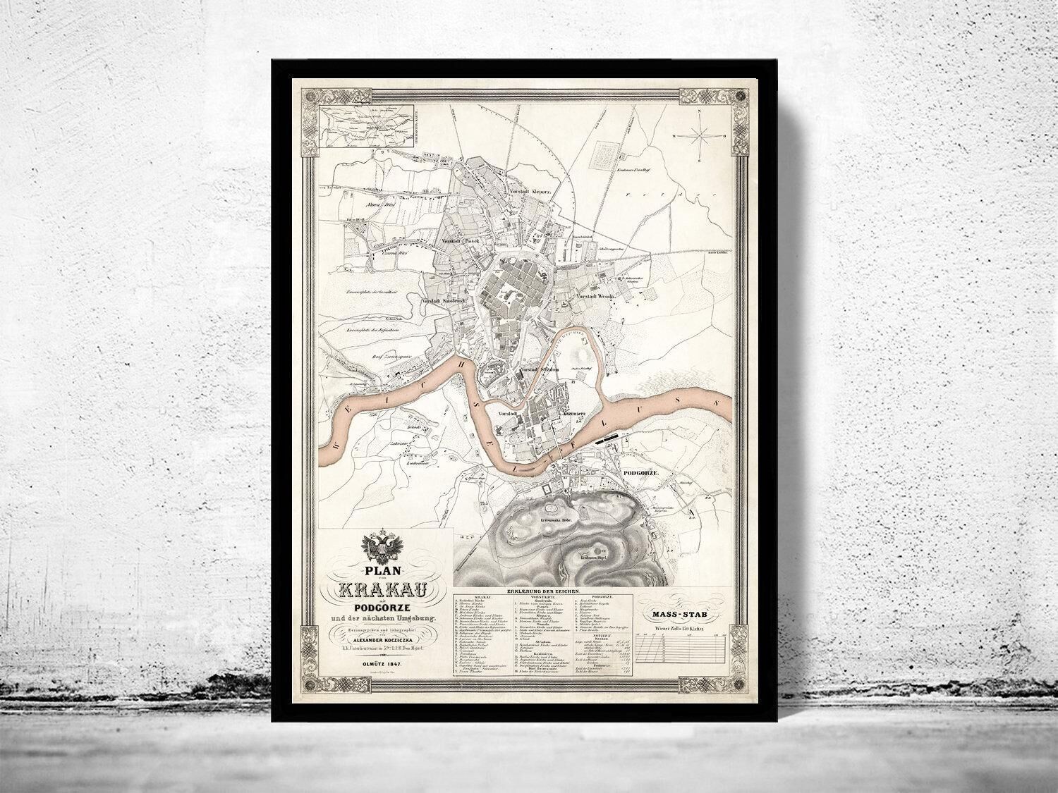 Old Map of Krakow 1847 Poland Vintage Map | Vintage Map Wall Art Print