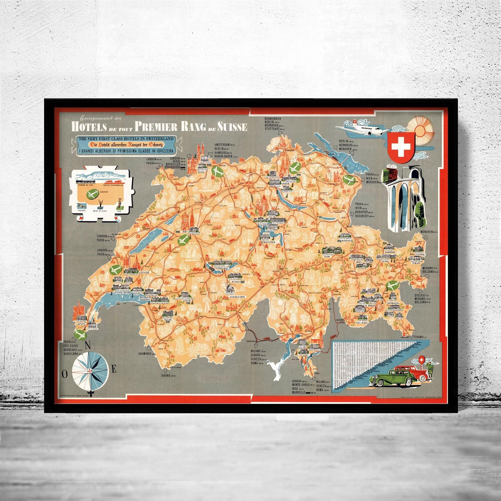 Old Map Switzerland Premier Hotels Vintage Map | Vintage Map Wall Art Print