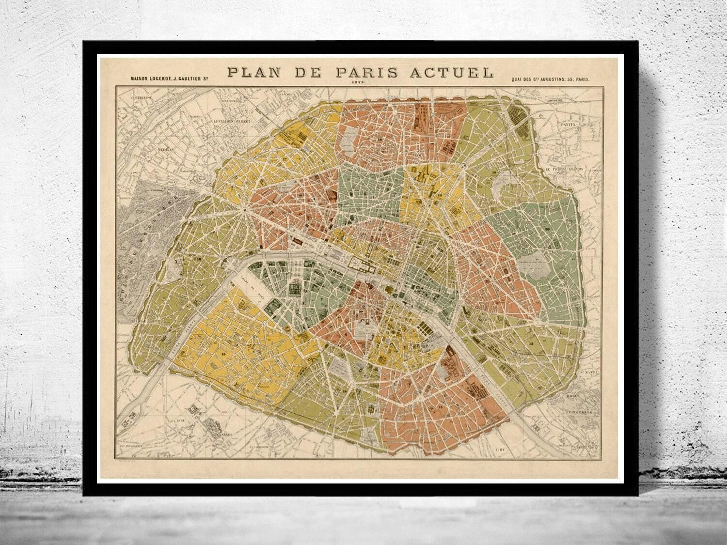 Old Map of Paris 1879 France Vintage Map of Paris  | Vintage Map Wall Art Print
