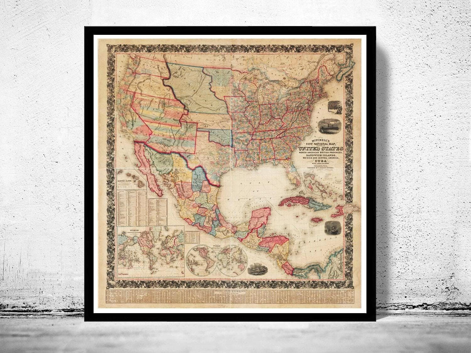 Beautiful Map of United States America 1856  | Vintage Map Wall Art Print