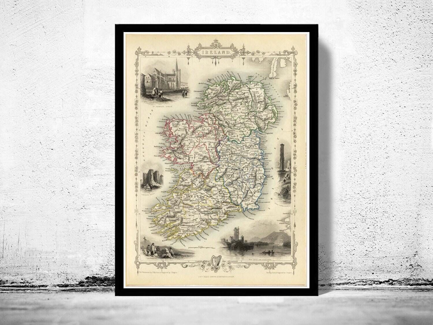 Old Map of Ireland 1851 Beautiful Map of Ireland with gravures Vintage Map | Vintage Map Wall Art Print | Large Map Print