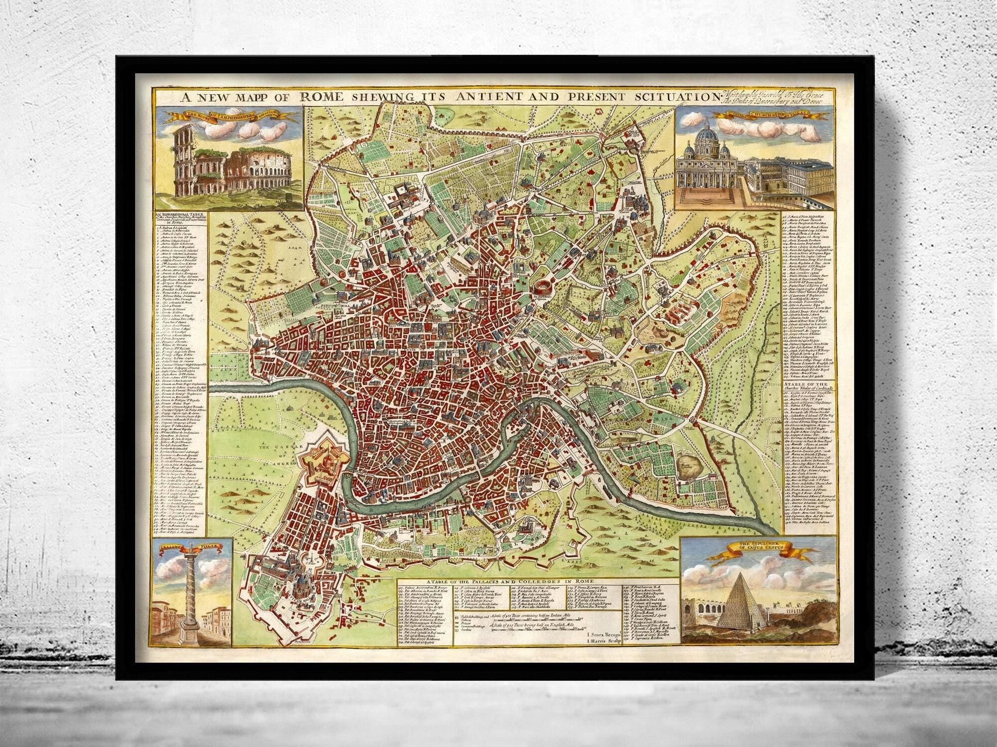 Old Map of Rome Roma Italy 1722 Vintage Map of Rome | Vintage Map Wall Art Print