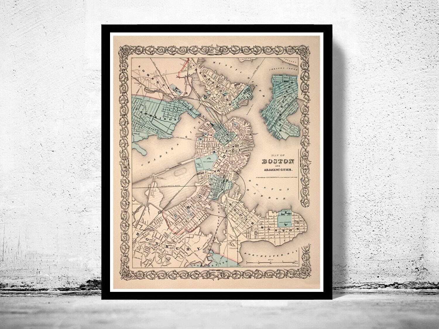 Old Map of Boston 1855 Massachusetts Vintage Map | Vintage Map Wall Art Print