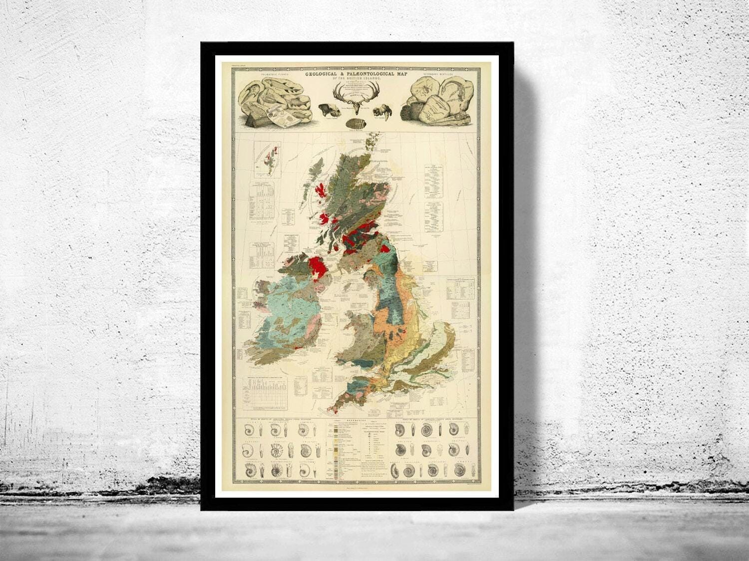 Old Map of United Kingdom Geological Palaeontological 1854 Vintage Map | Vintage Map Wall Art Print | Large Map Print