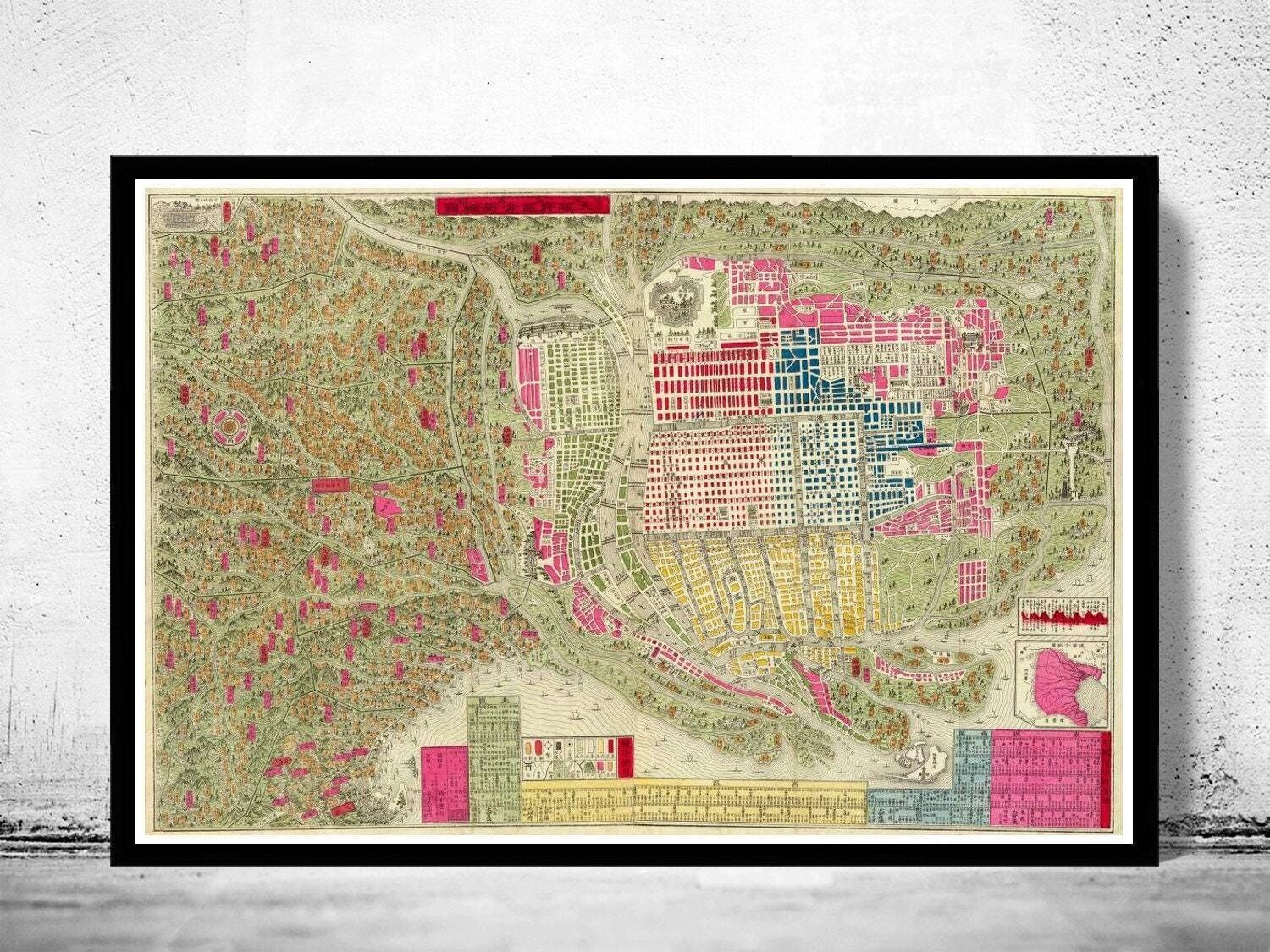 Old Map of Osaka City Japan 1884 Vintage Map | Vintage Map Wall Art Print