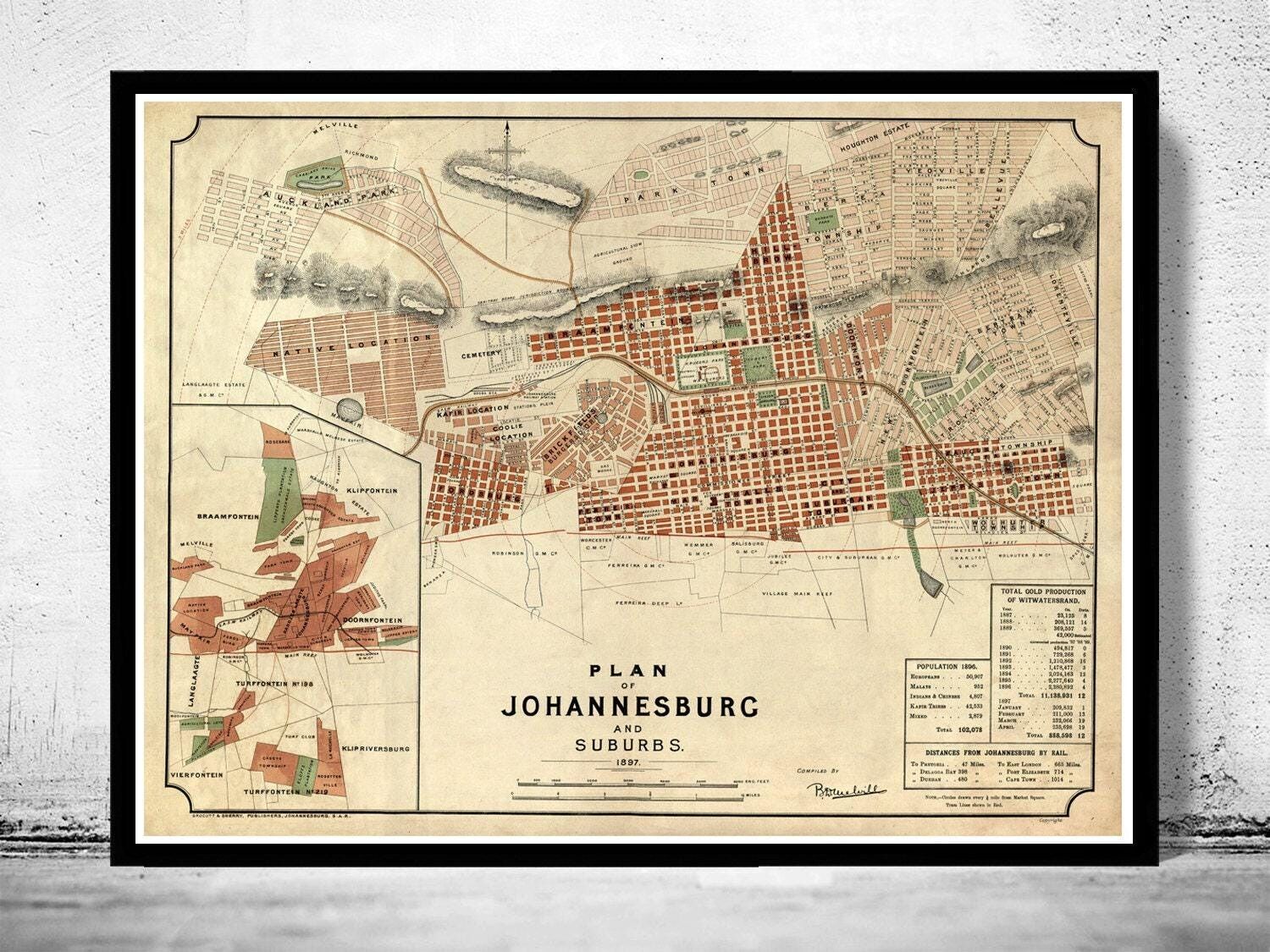 Old Map of Johannesburg South Africa 1897 Vintage Map | Vintage Map Wall Art Print