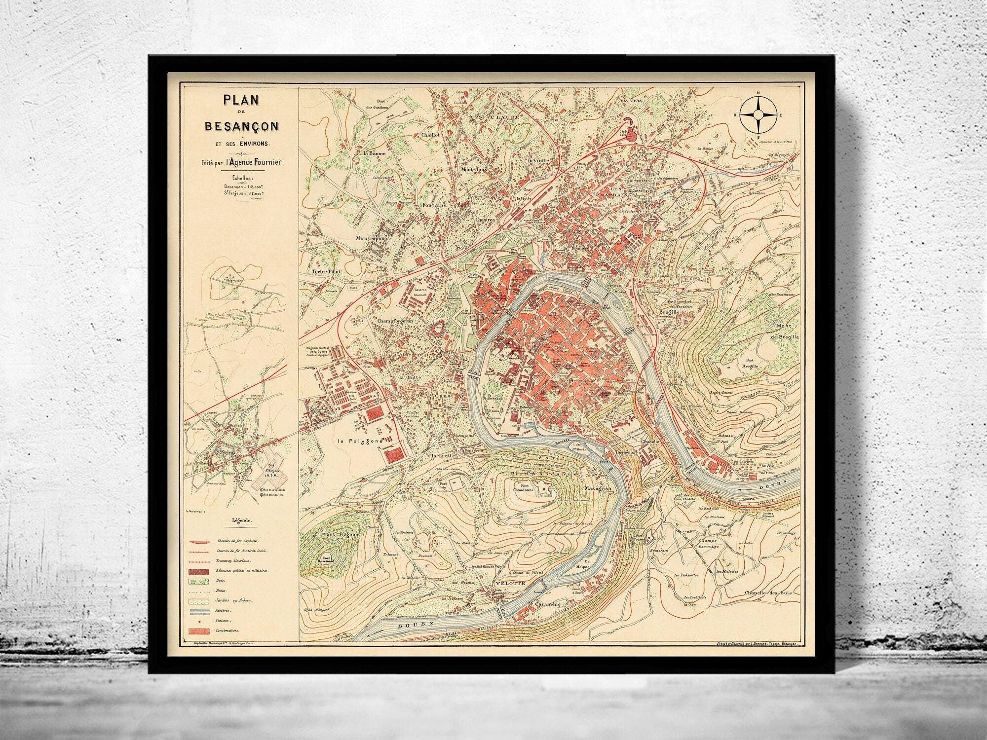 Old Map of Besançon France 1930 Vintage Map | Vintage Map Wall Art Print