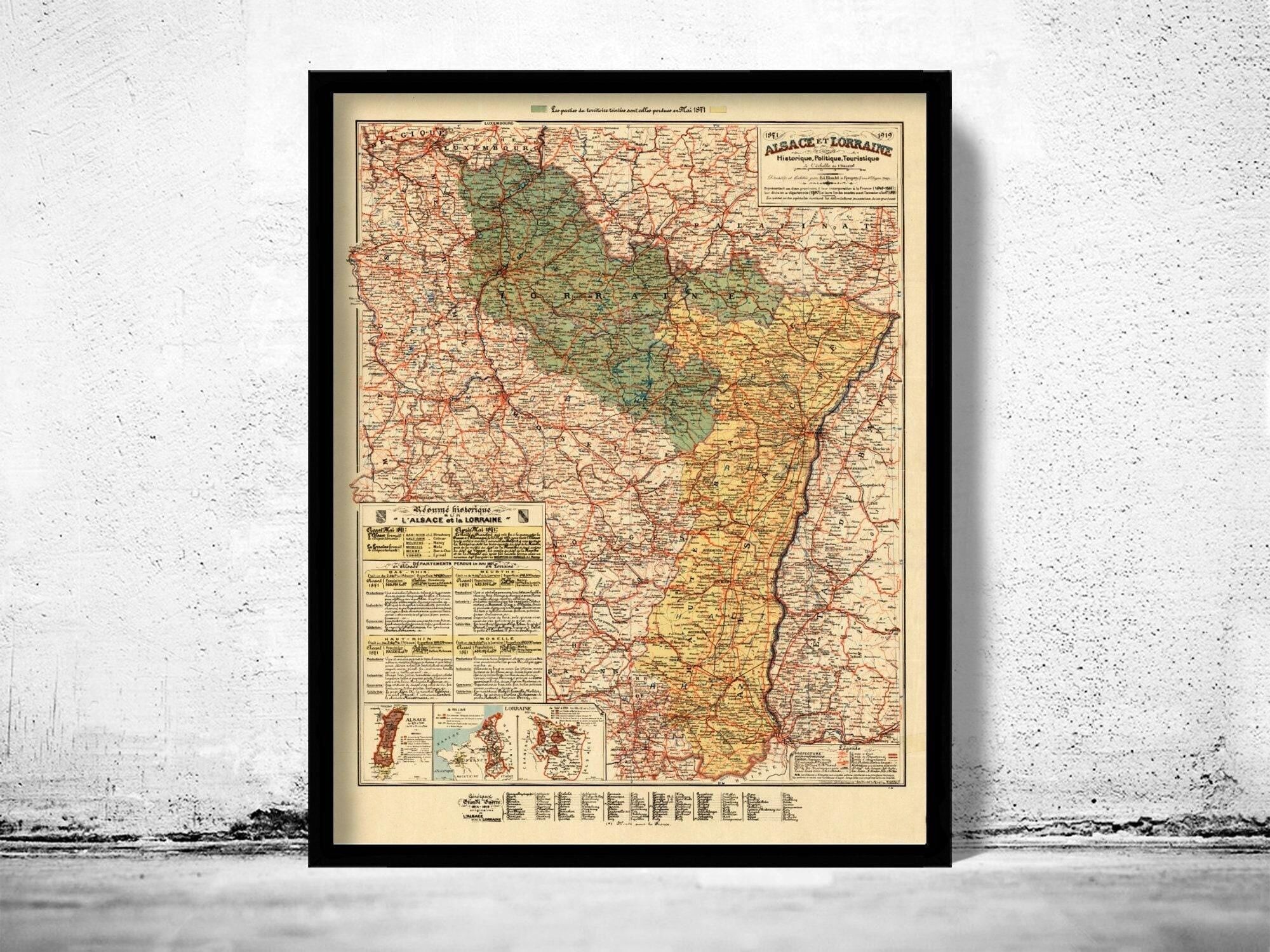 Old Map of Alsace-Lorraine Alsace-Moselle 1919 Vintage Map | Vintage Map Wall Art Print