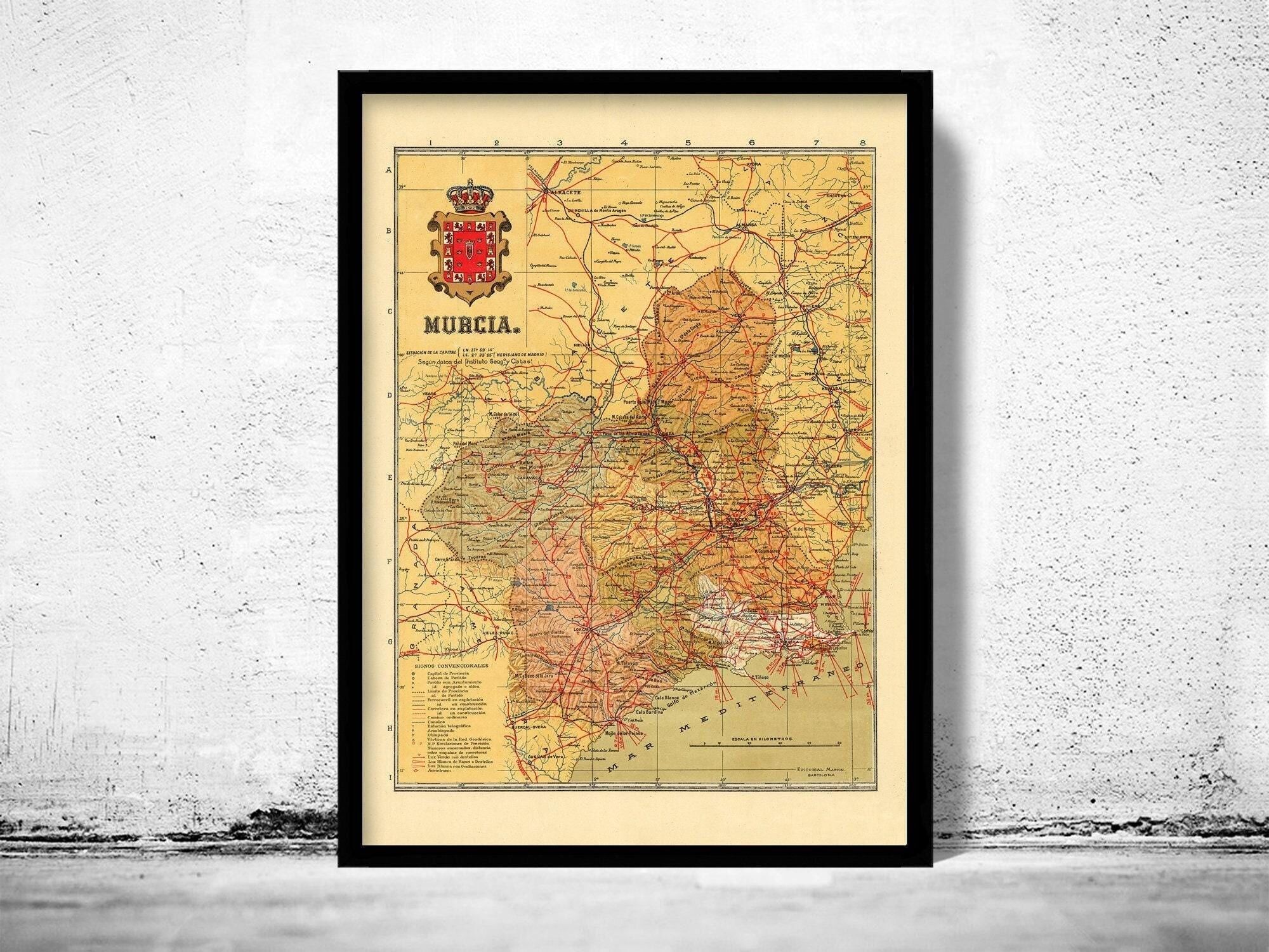 Old Map of Murcia Region 1900 Spain Vintage Map | Vintage Map Wall Art Print