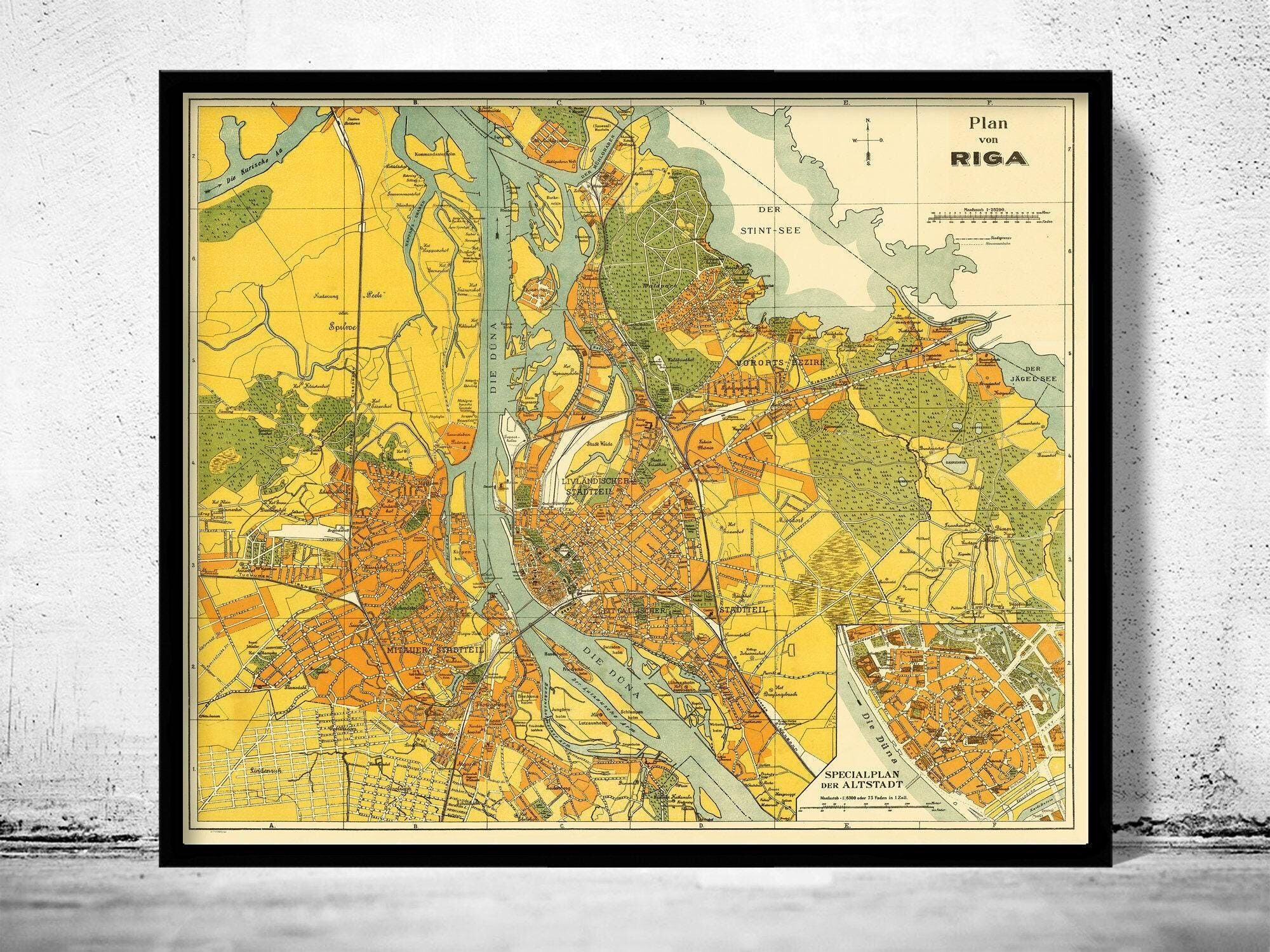 Old Map of Riga Latvia 1927 Vintage Map  | Vintage Map Wall Art Print