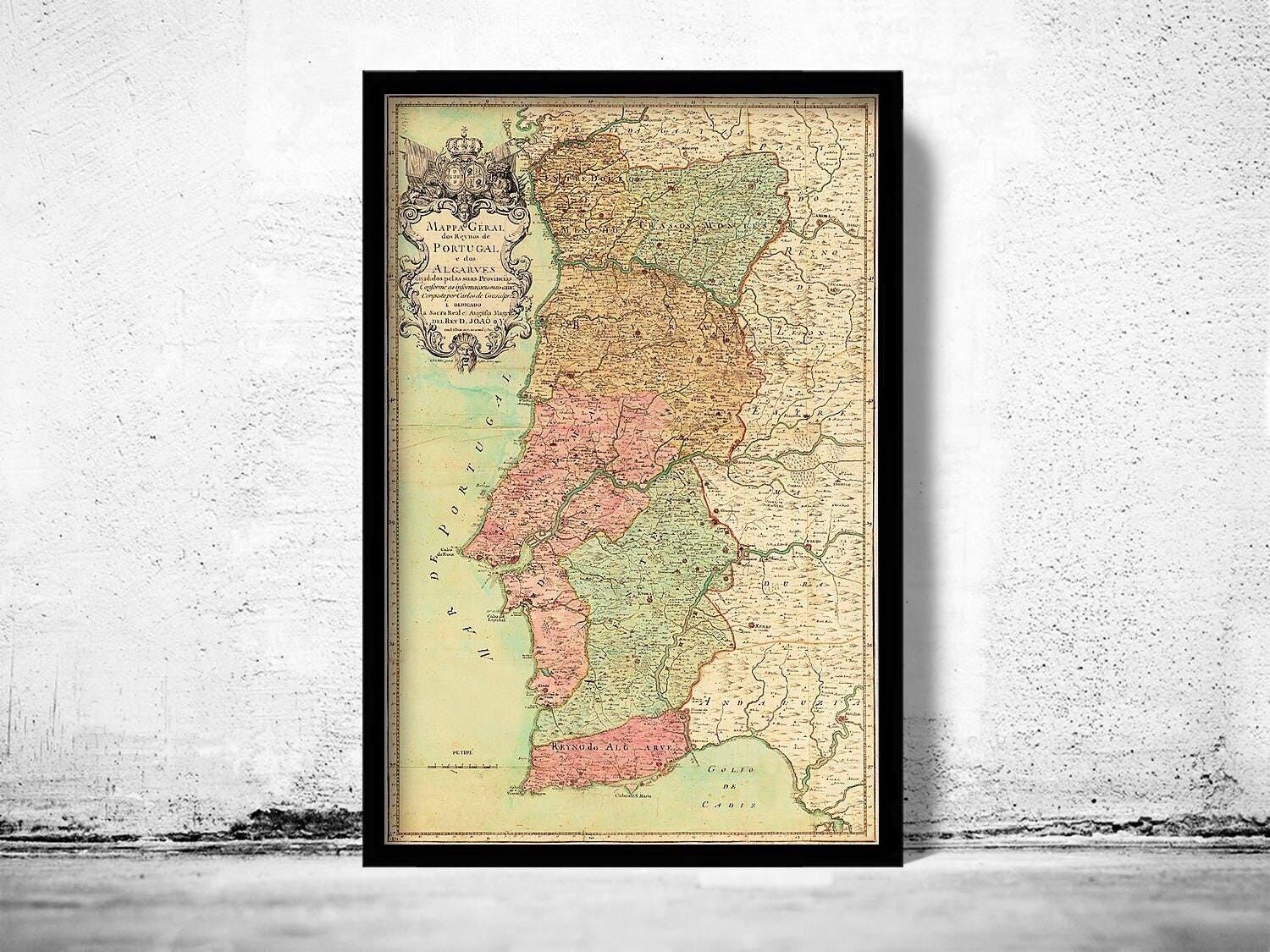 Old Map of Portugal 1730 Mapa de Portugal Portuguese Map Vintage Map | Vintage Map Wall Art Print