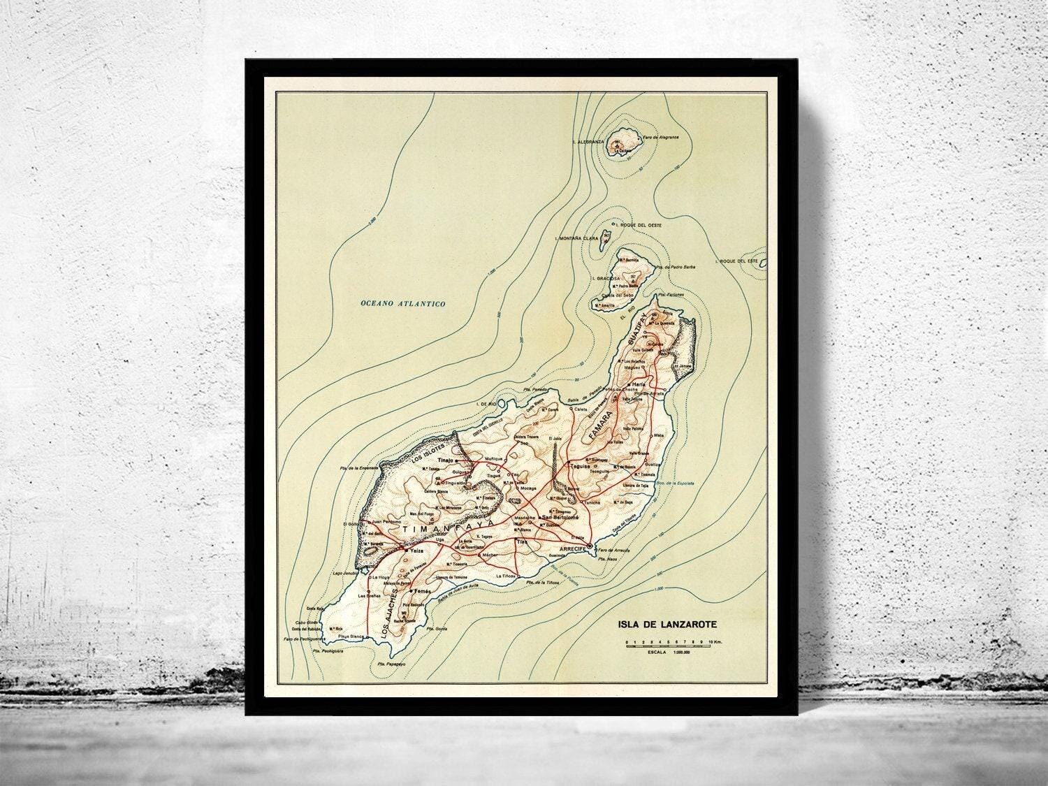 Old Map of Lanzarote Island Spain Vintage Map  | Vintage Map Wall Art Print