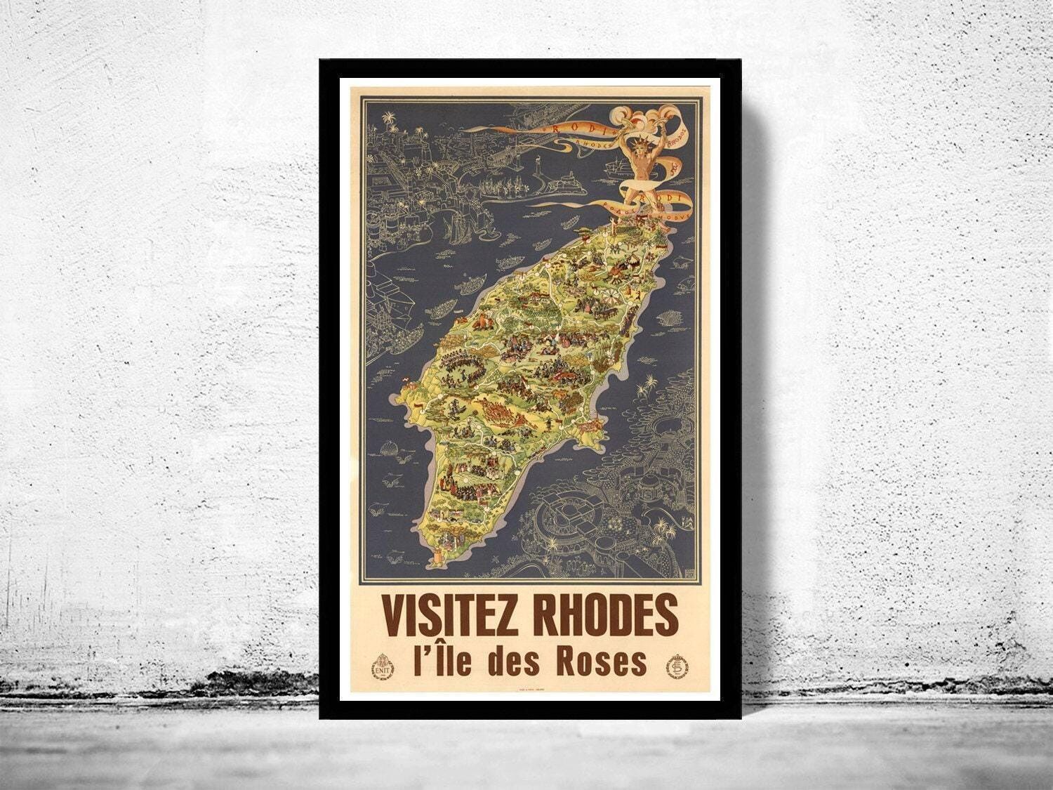Old Poster of Rhodes Island Greece Rhodes Vintage Print | Vintage Map Wall Art Print | Large Poster Print | Home Decor Wall Art