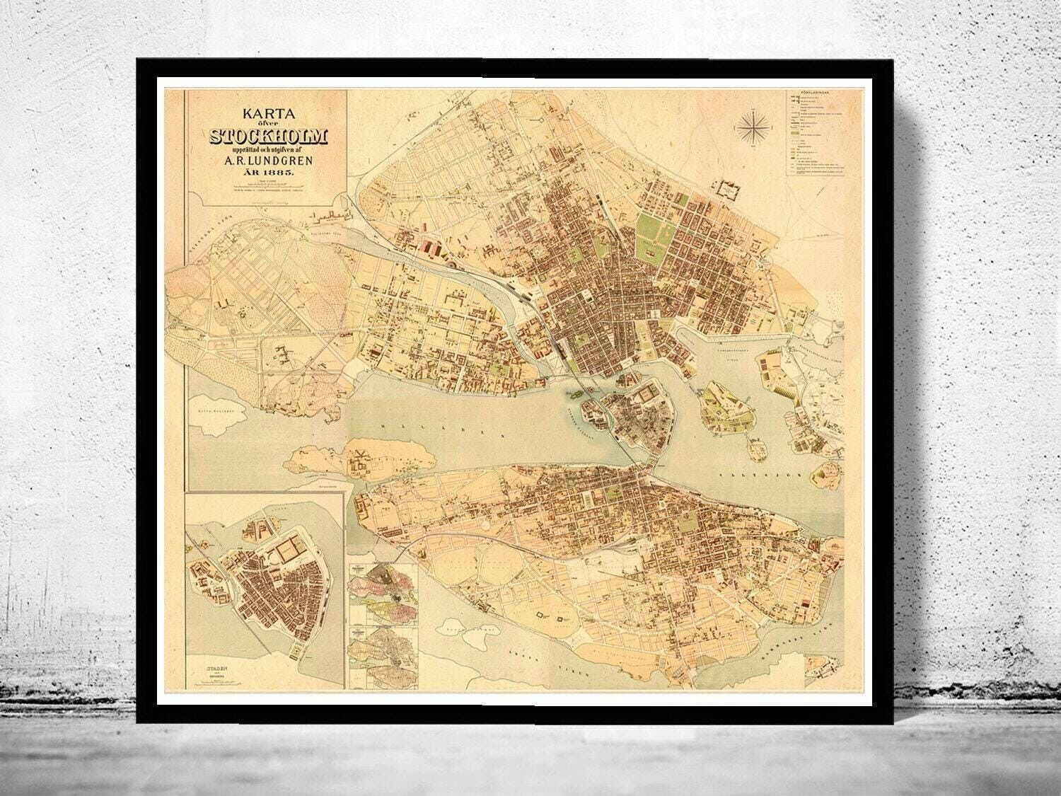 Old Map of Stockholm Lundgren Sweden 1885 Vintage Map | Vintage Map Wall Art Print