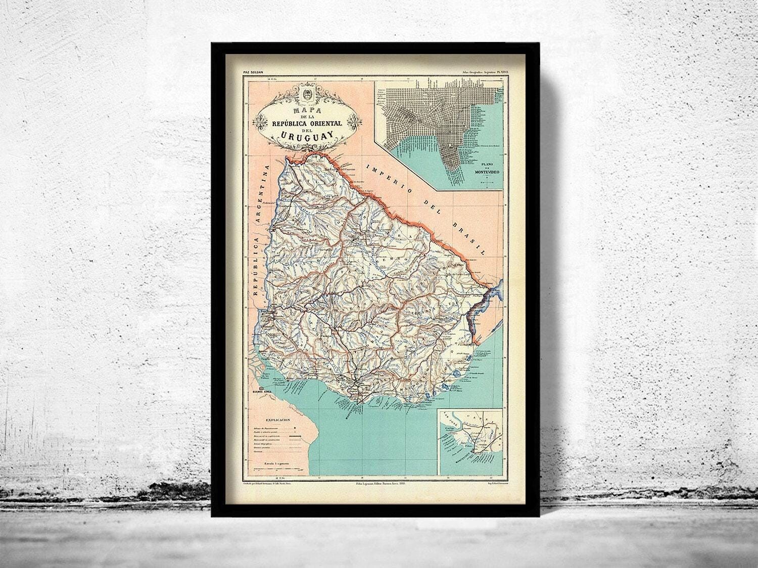 Old Map Uruguay and Montevideo South America Old Map 1888  | Vintage Map Wall Art Print