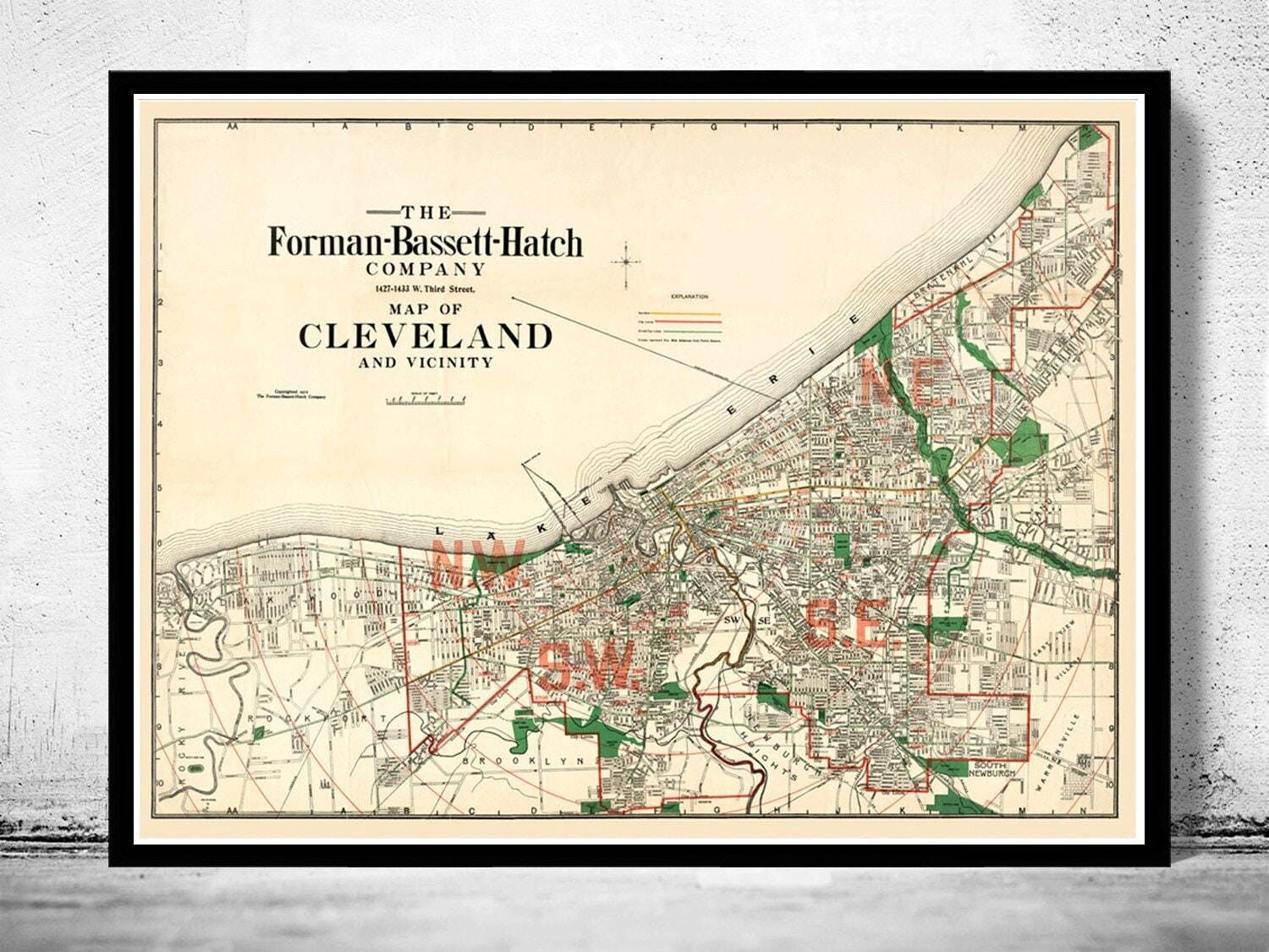Old Map of Cleveland and Suburbs 1912 Vintage Map | Vintage Map Wall Art Print