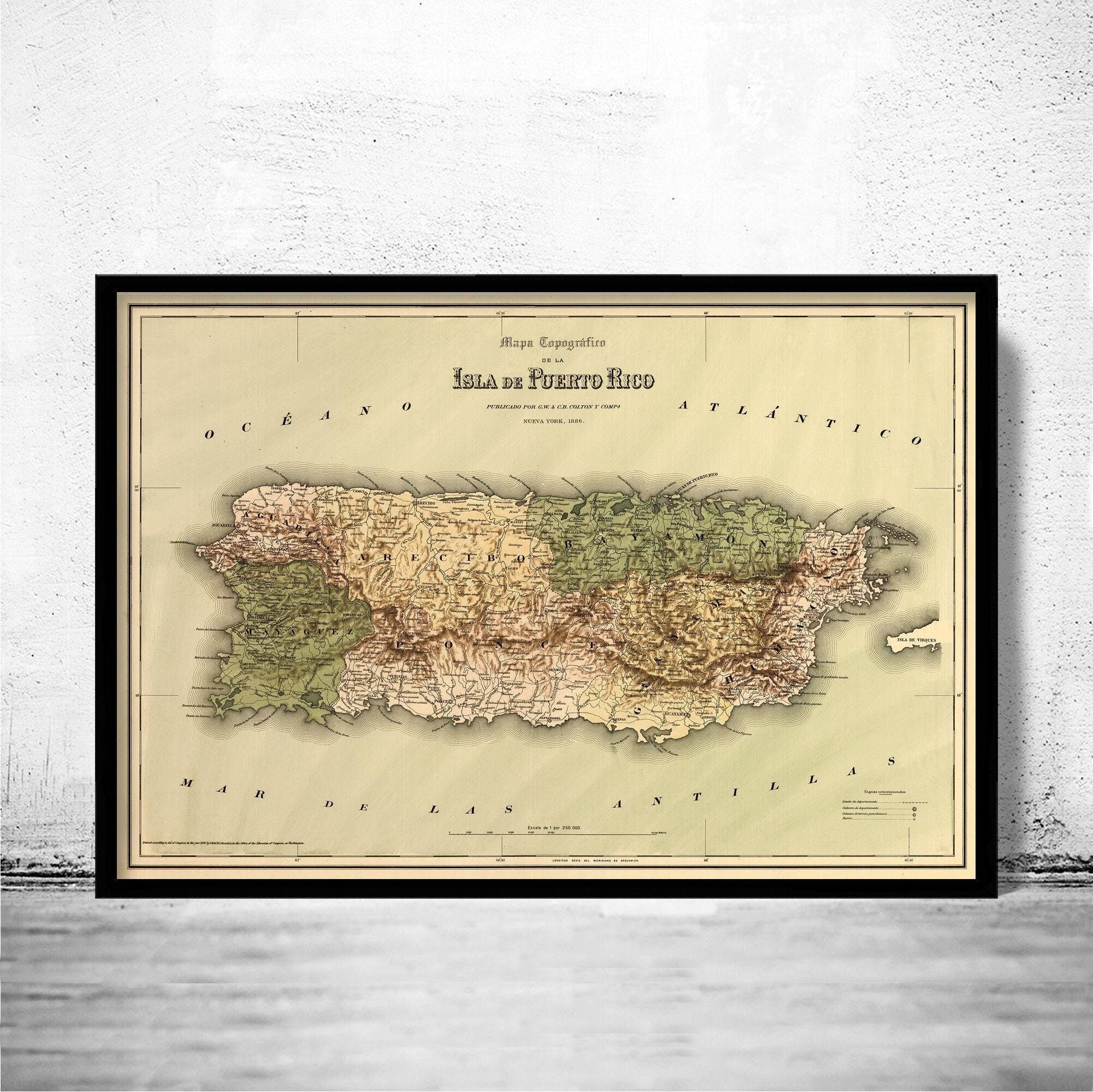 Vintage Old Map of Puerto Rico Island, 1886, Old Map  | Vintage Map Wall Art Print