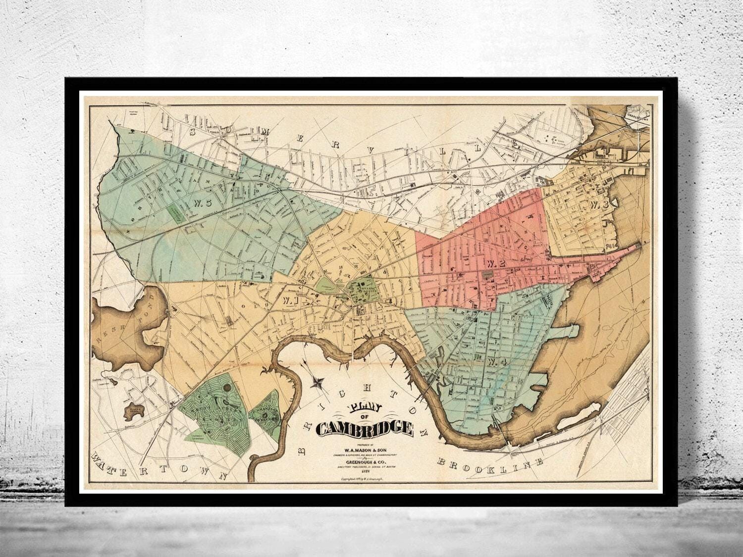 Old Map of Cambridge Massachusetts 1878 Vintage Map | Vintage Map Wall Art Print