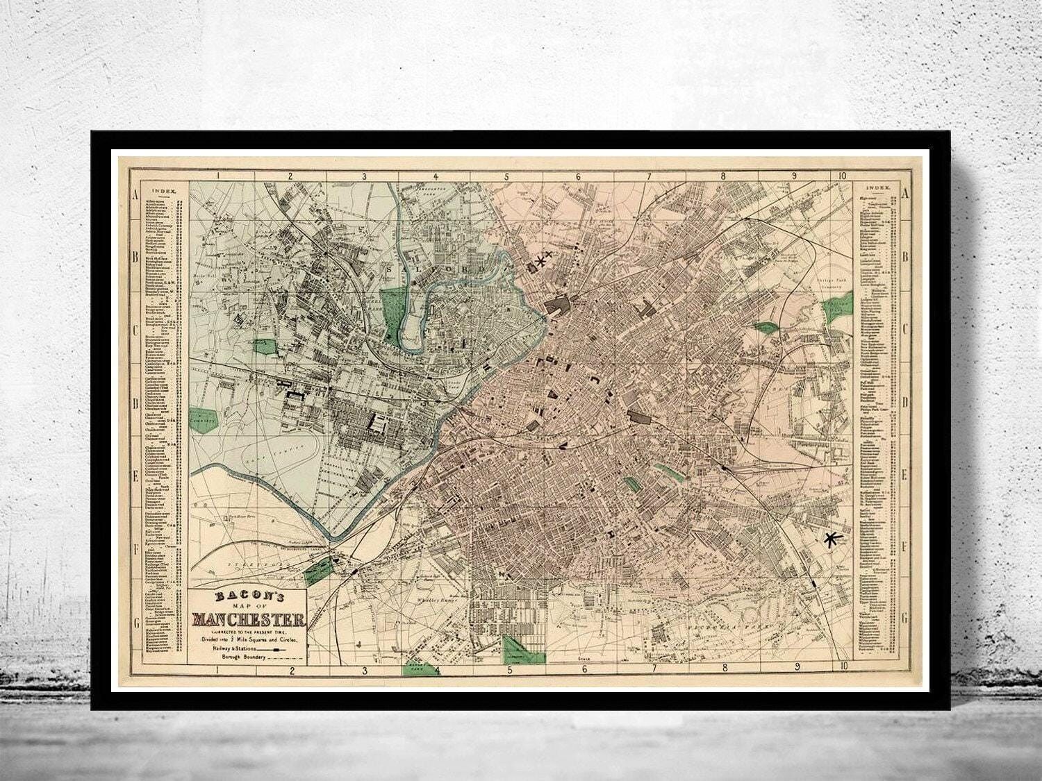 Old Map of Manchester UK 1880 Vintage Map | Vintage Map Wall Art Print