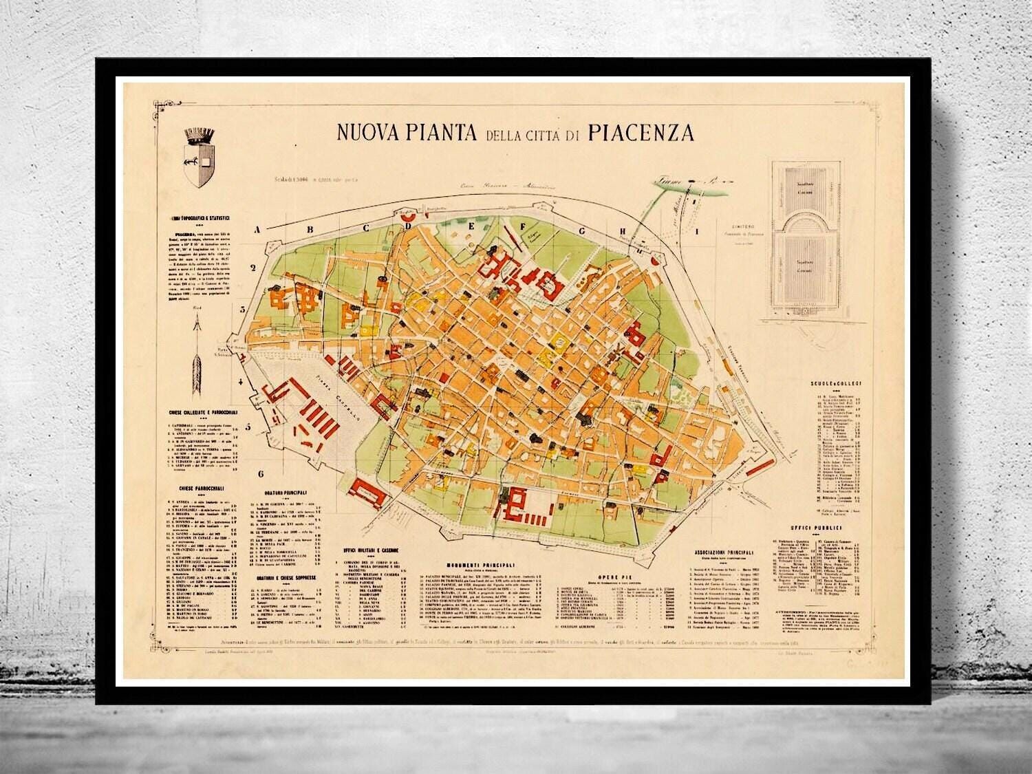 Old Map of Piacenza 1882 Vintage Map Piacenza | Vintage Map Wall Art Print