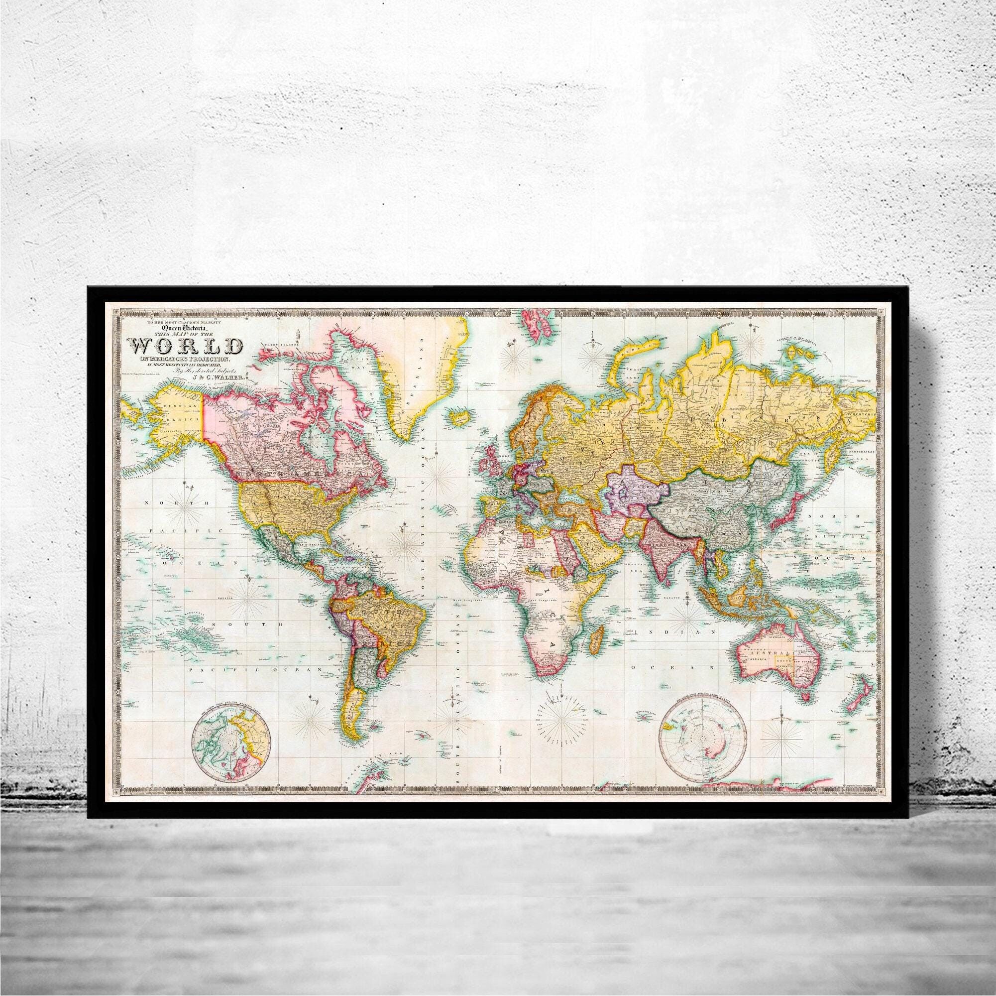 Beautiful World Map Vintage Atlas 1849 Mercator Projection | World Map Gift World Map Print | Vintage World Map | World Map Wall Art