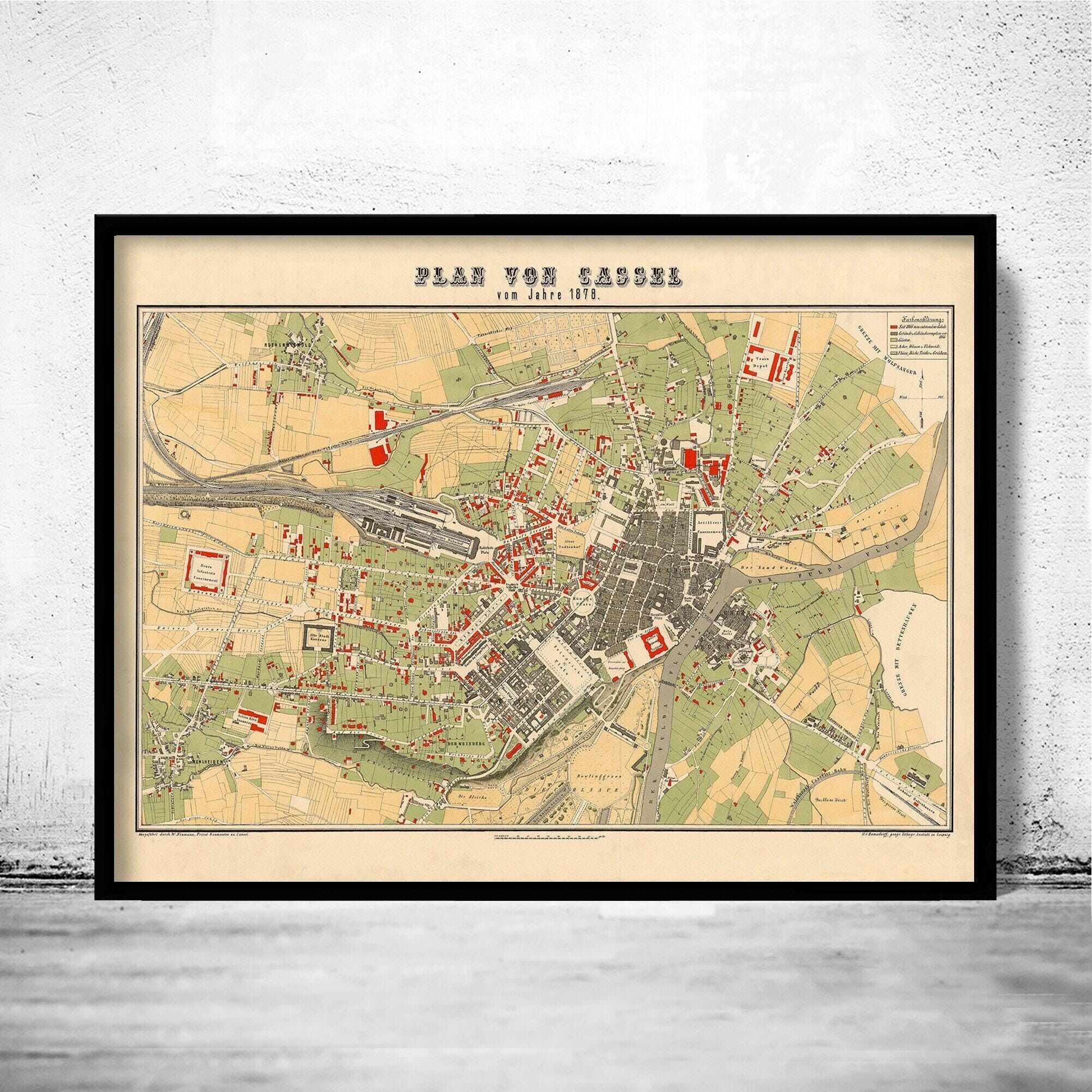 Old Map of Kassel Cassel Germany Deutshland 1878 Vintage Map | Vintage Map Wall Art Print