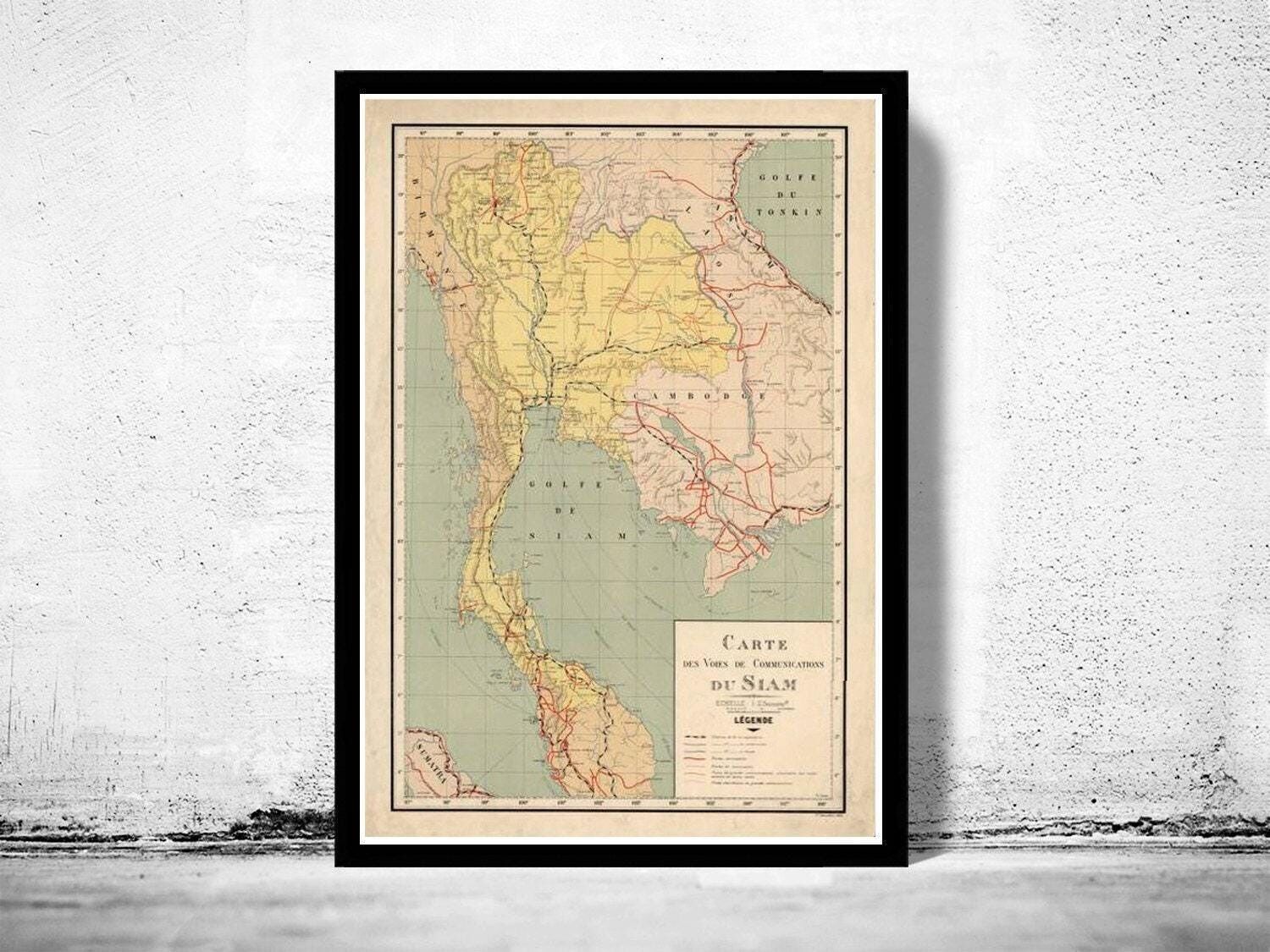 Vecchia mappa della Thailandia del 1932, mappa vintage del Siam | Stampa artistica da parete con mappa vintage