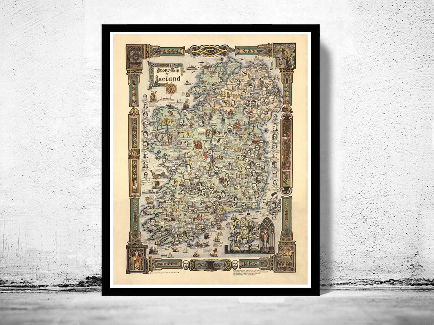 Vecchia mappa dell'Irlanda del 1936 | Mappa storica dell'Irlanda con clan | Vecchia mappa dell'Irlanda | Stampa artistica da parete con mappa d'epoca | Stampa di mappa di grandi dimensioni