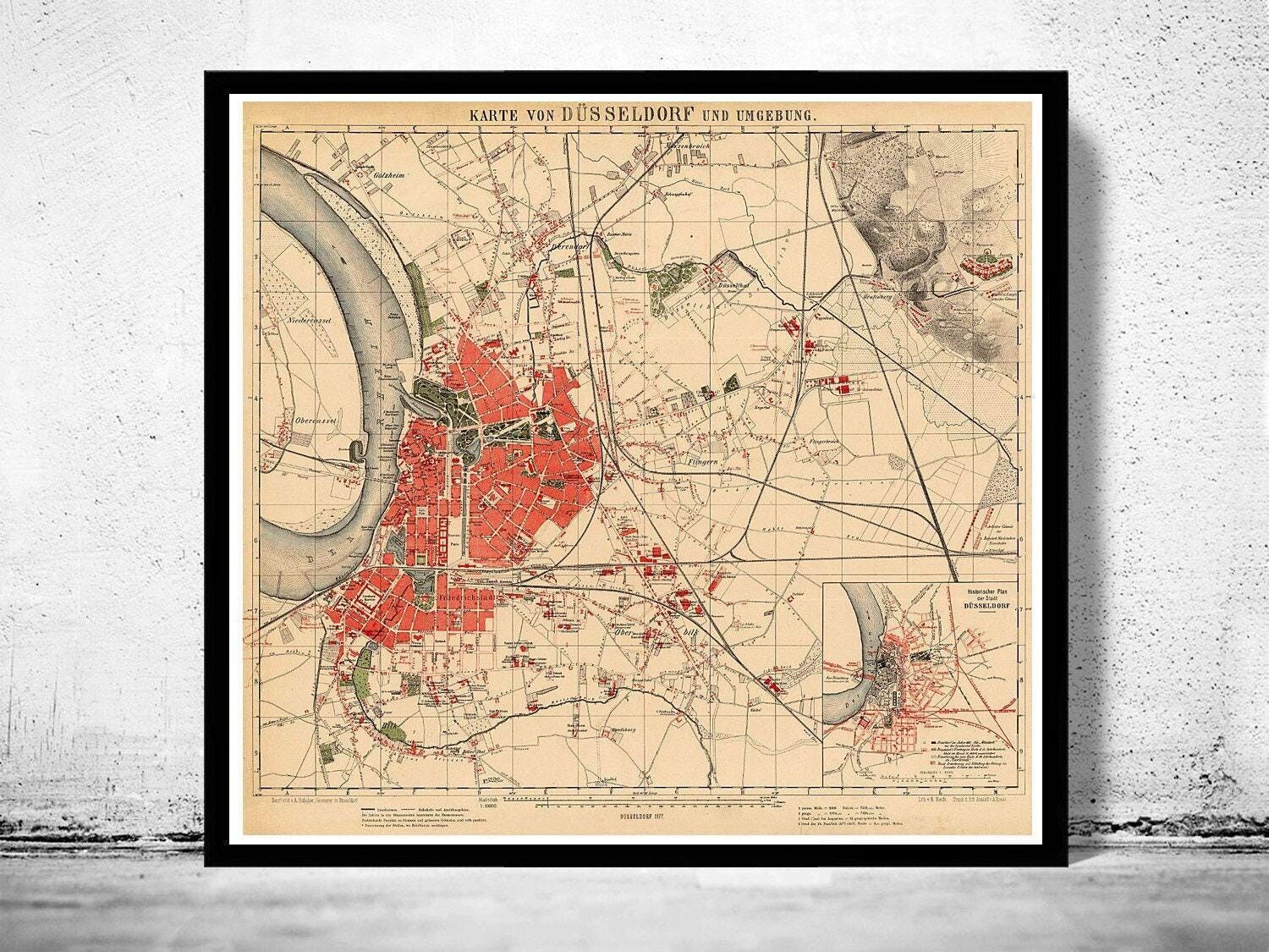 Vecchia mappa di Düsseldorf, Germania, 1877, mappa vintage | Stampa artistica da parete con mappa vintage
