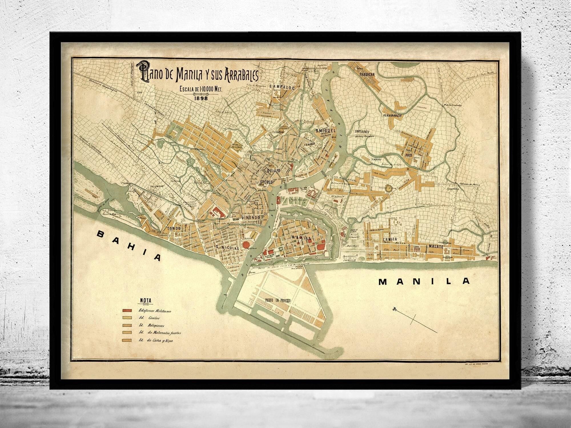 Vecchia mappa di Manila, Filippine, mappa vintage del 1898 | Stampa artistica da parete con mappa vintage