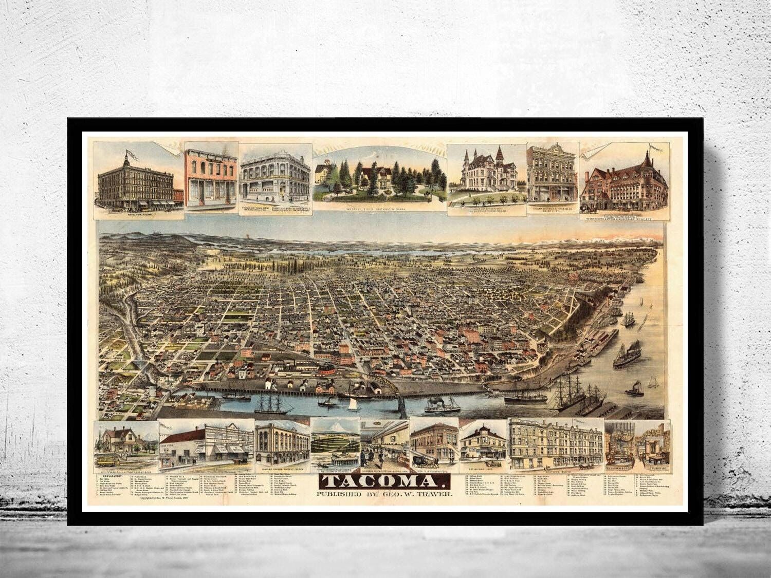 Vecchia mappa di Tacoma, Washington, vista panoramica, 1890, rotocalco vintage | Stampa artistica da parete con mappa d'epoca