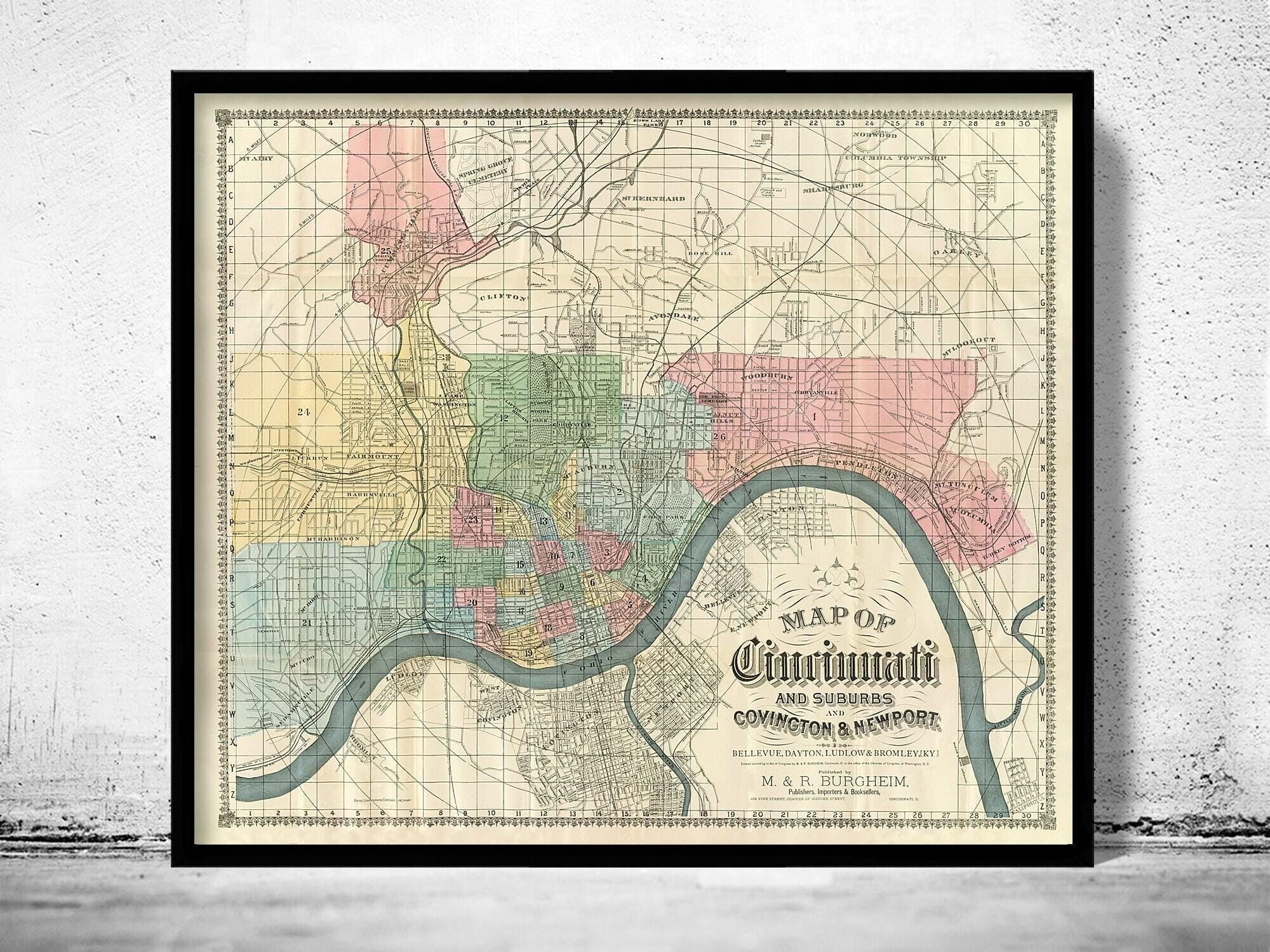 Old Map of Cincinnati and Suburbs Covington and NewPort 1880 Vintage Map | Vintage Map Wall Art Print | Large Map Print