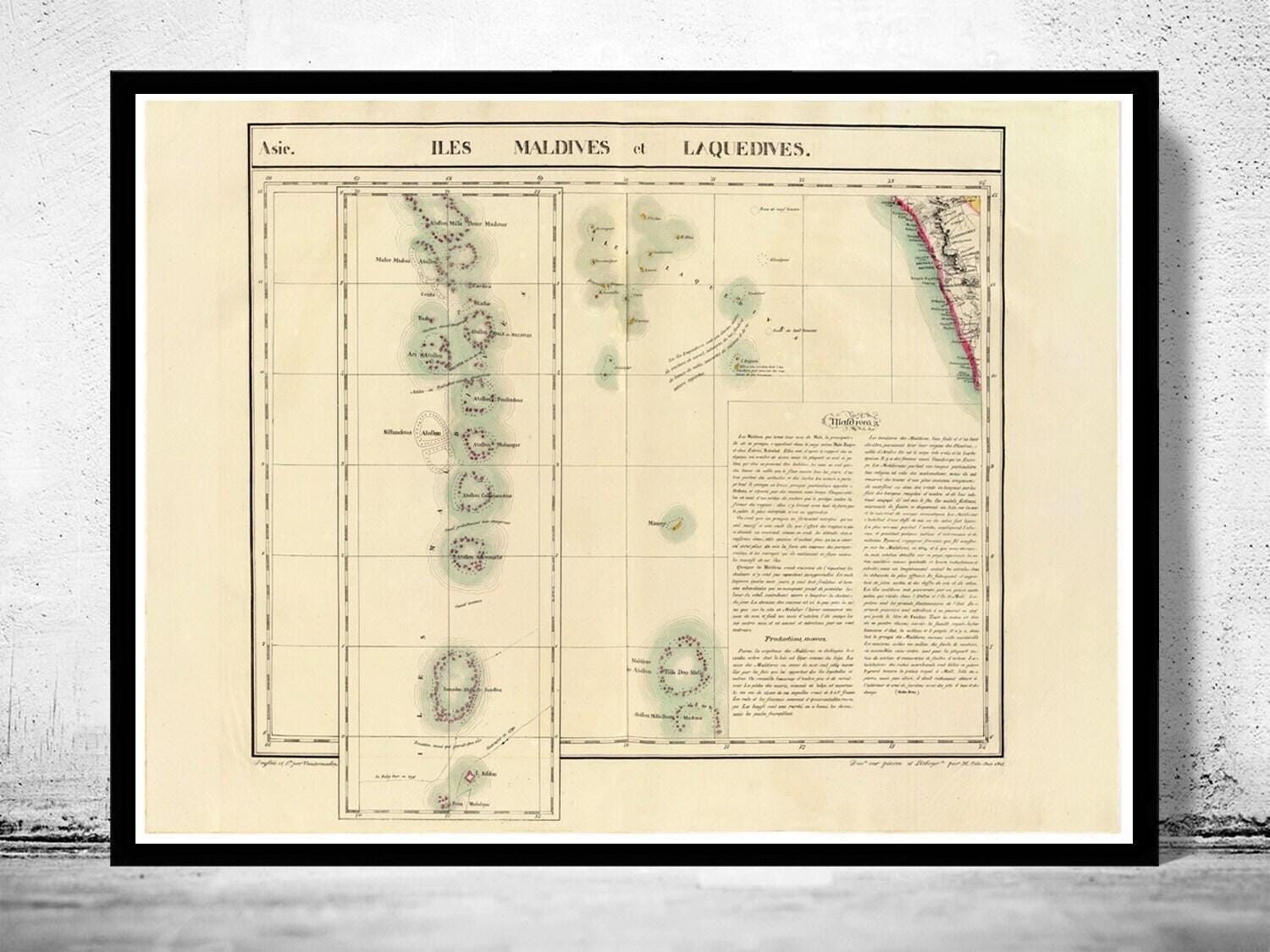 Vecchia mappa delle Maldive, mappa vintage del 1827 | Stampa artistica da parete con mappa vintage