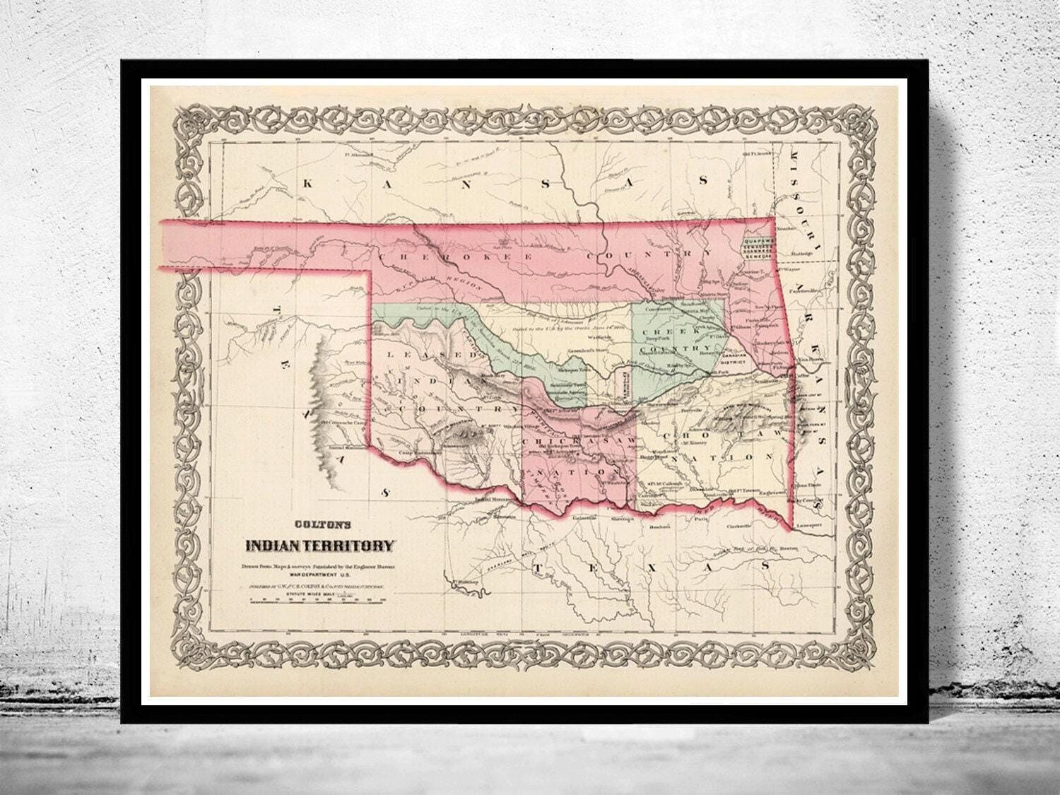 Vecchia mappa del Territorio Indiano dell'Oklahoma, 1869, Stati Uniti d'America | Stampa artistica da parete con mappa d'epoca