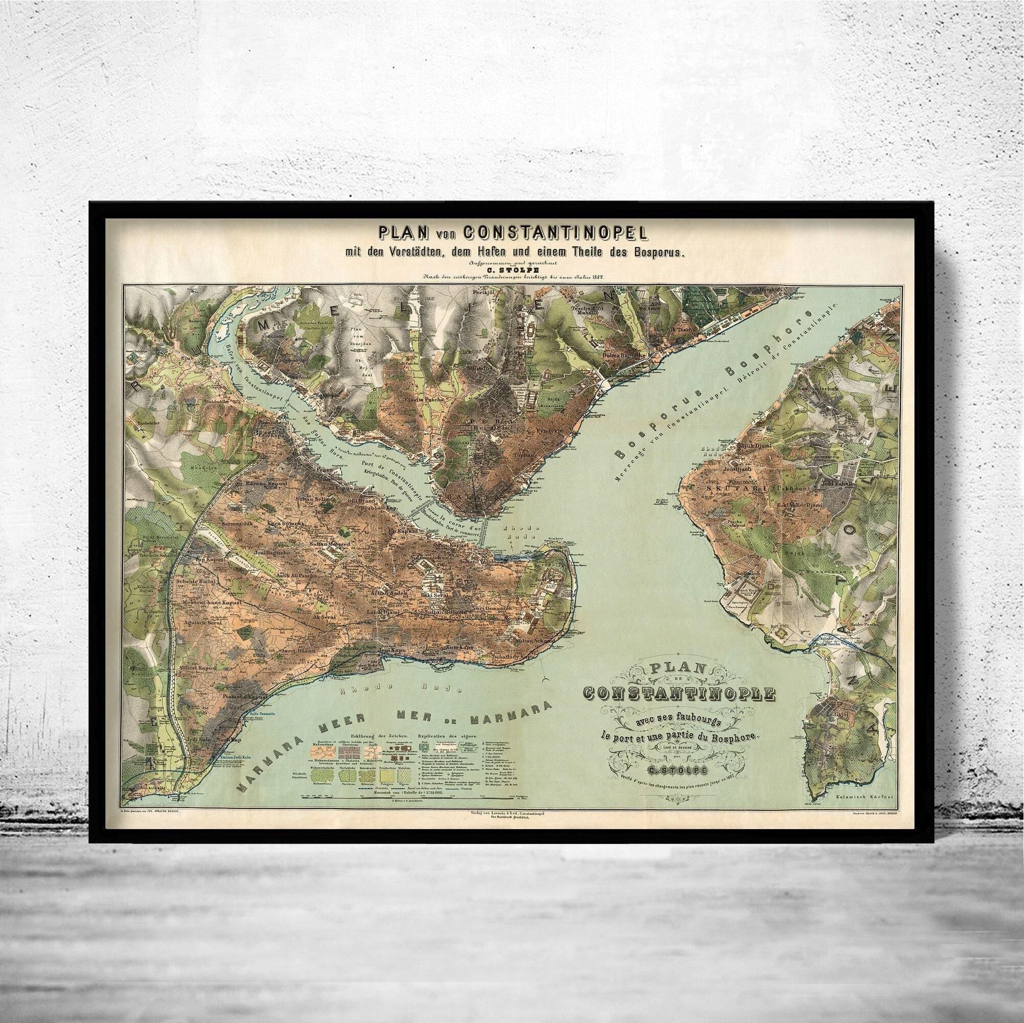 Vecchia mappa di Istanbul, Costantinopoli, Turchia, 1882, mappa vintage | Stampa artistica da parete con mappa vintage