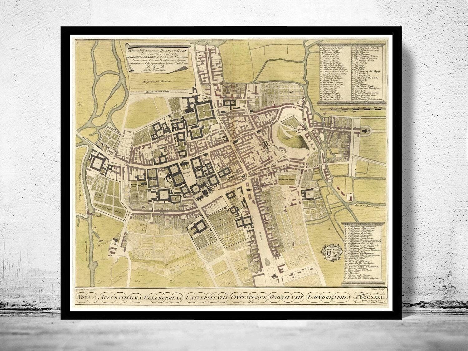 Vecchia mappa di Oxford, Inghilterra, 1733 | Stampa artistica da parete con mappa d'epoca
