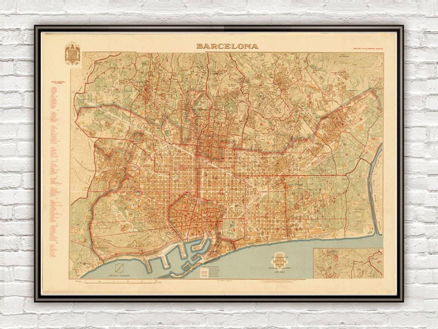 Vecchia mappa di Barcellona, Spagna, 1940, mappa vintage della Catalogna | Stampa artistica da parete con mappa vintage