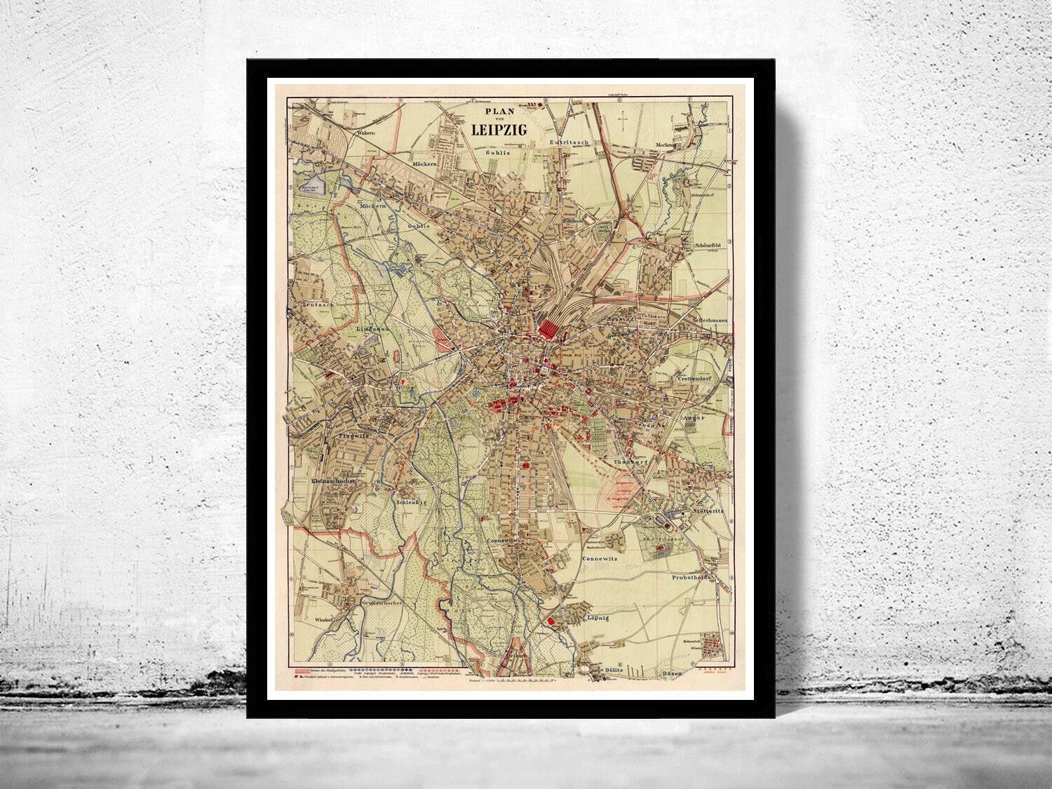 Vecchia mappa di Lipsia, Germania, 1925 | Mappa vintage di Lipsia | Stampa artistica da parete con mappa vintage