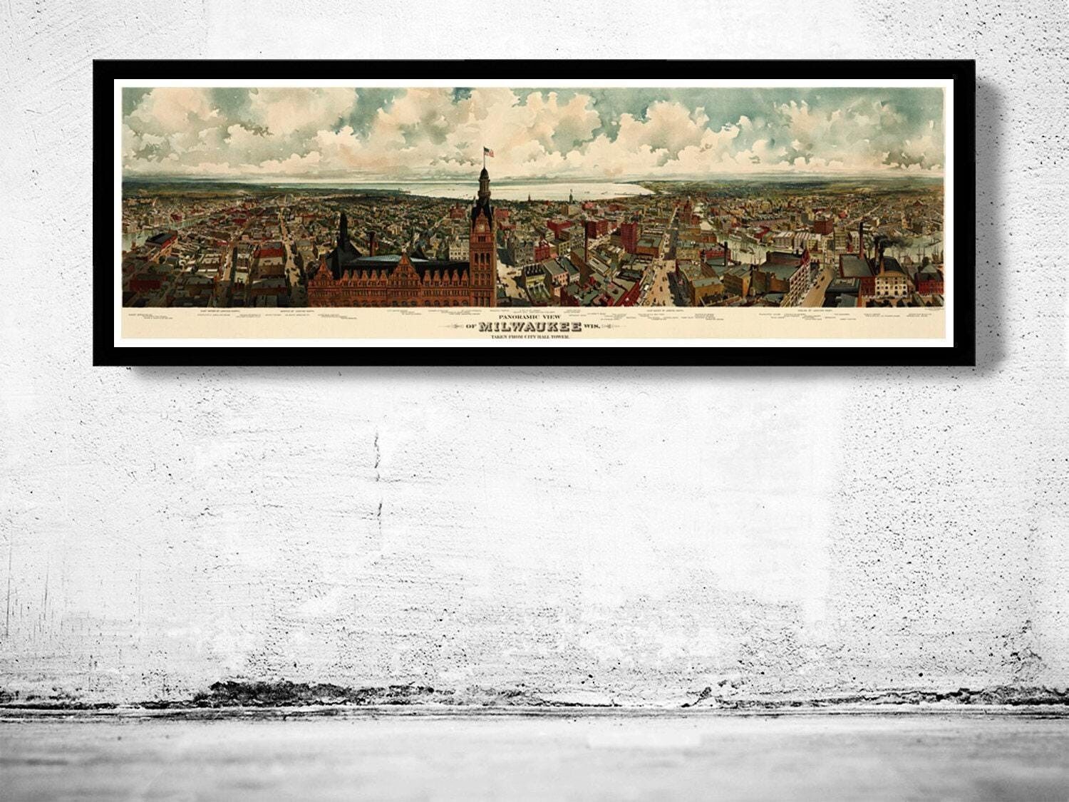 Vista panoramica d'epoca di Milwaukee, Wisconsin, Birdseye View 1898 | Stampa artistica da parete con mappa d'epoca
