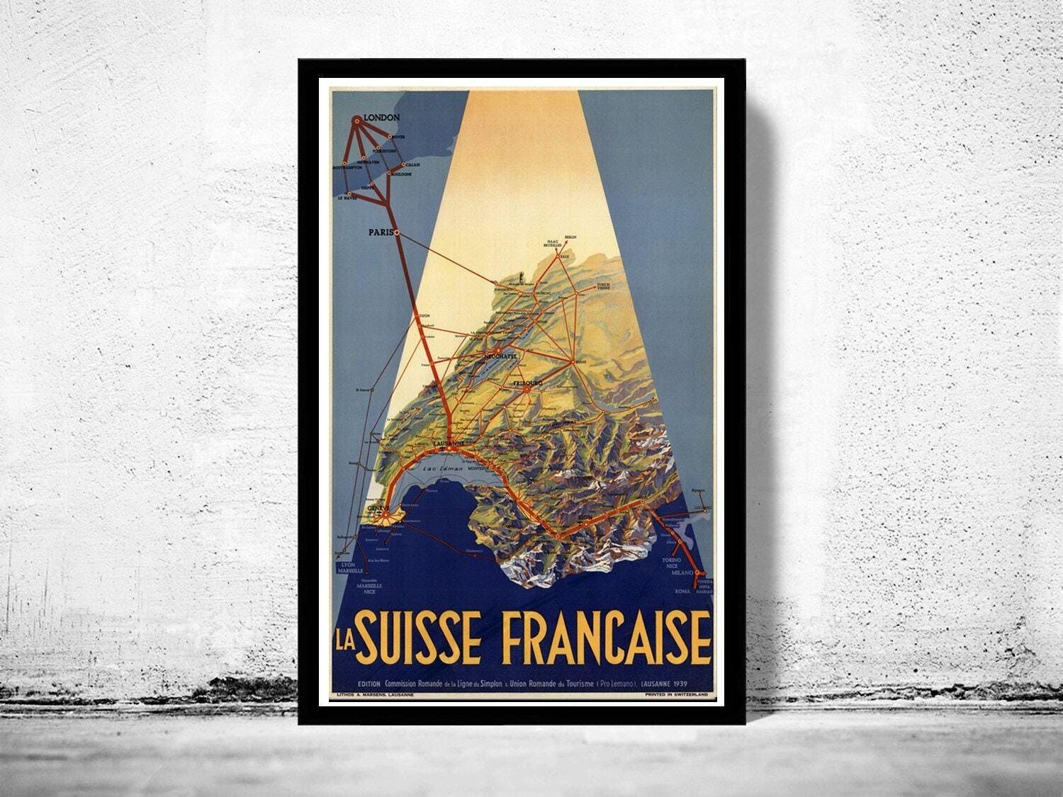 Poster di viaggio vintage della Svizzera | Poster vintage della Svizzera Francese | Stampa artistica da parete con mappa d'epoca