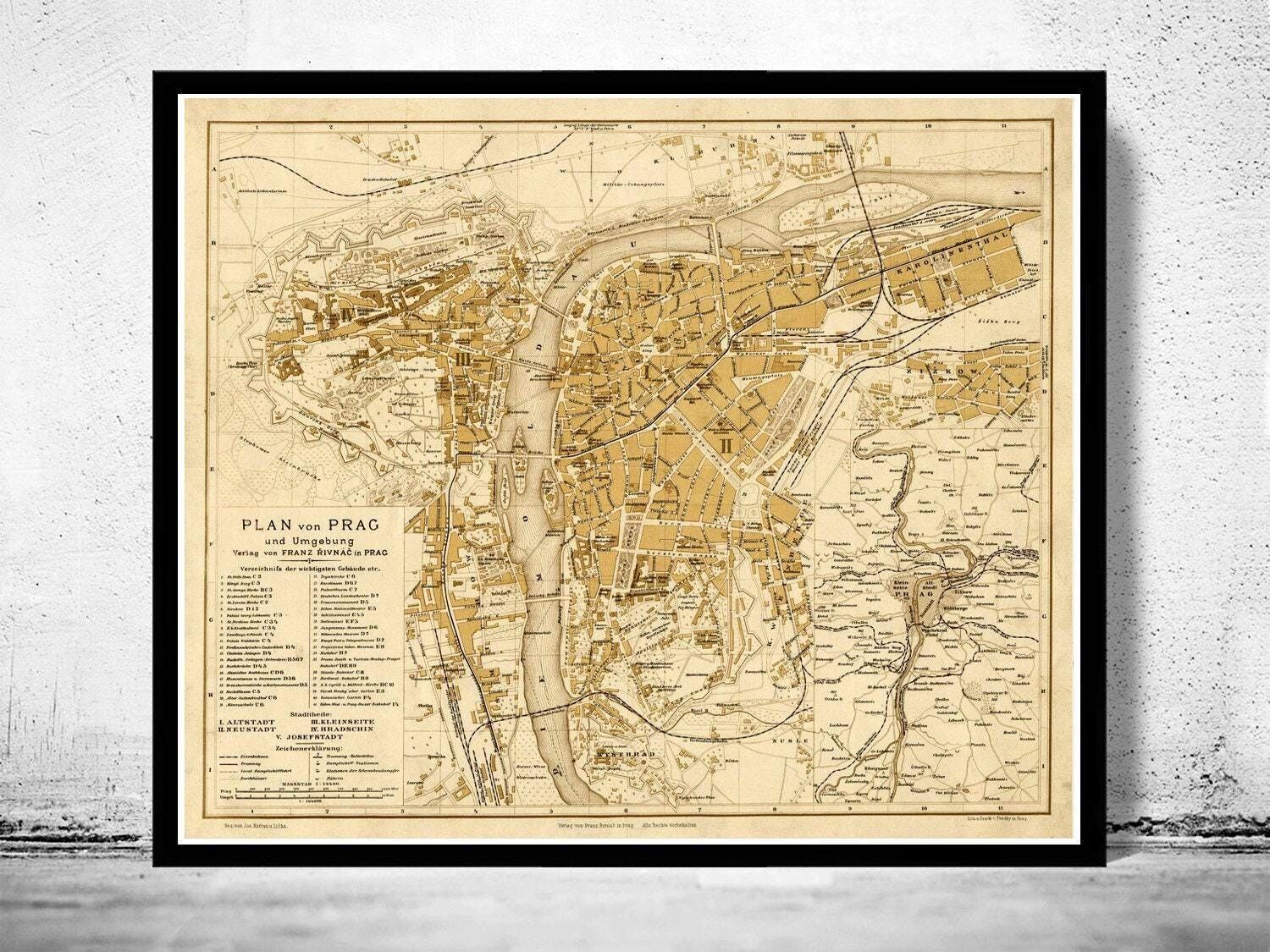 Vecchia mappa di Praga del 1882, Repubblica Ceca, mappa vintage | Stampa artistica da parete con mappa vintage