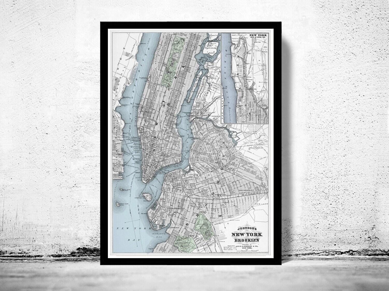 Vecchia mappa di New York, Brooklyn, Manhattan, mappa vintage del 1886 | Stampa artistica da parete con mappa vintage