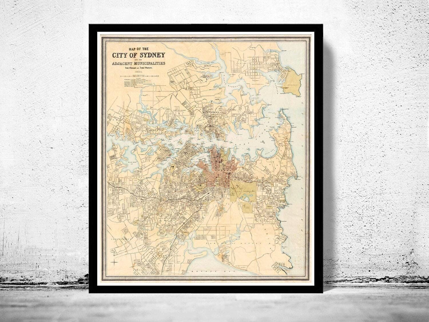 Vecchia mappa di Sydney e sobborghi, mappa vintage del 1890 | Stampa artistica da parete con mappa vintage