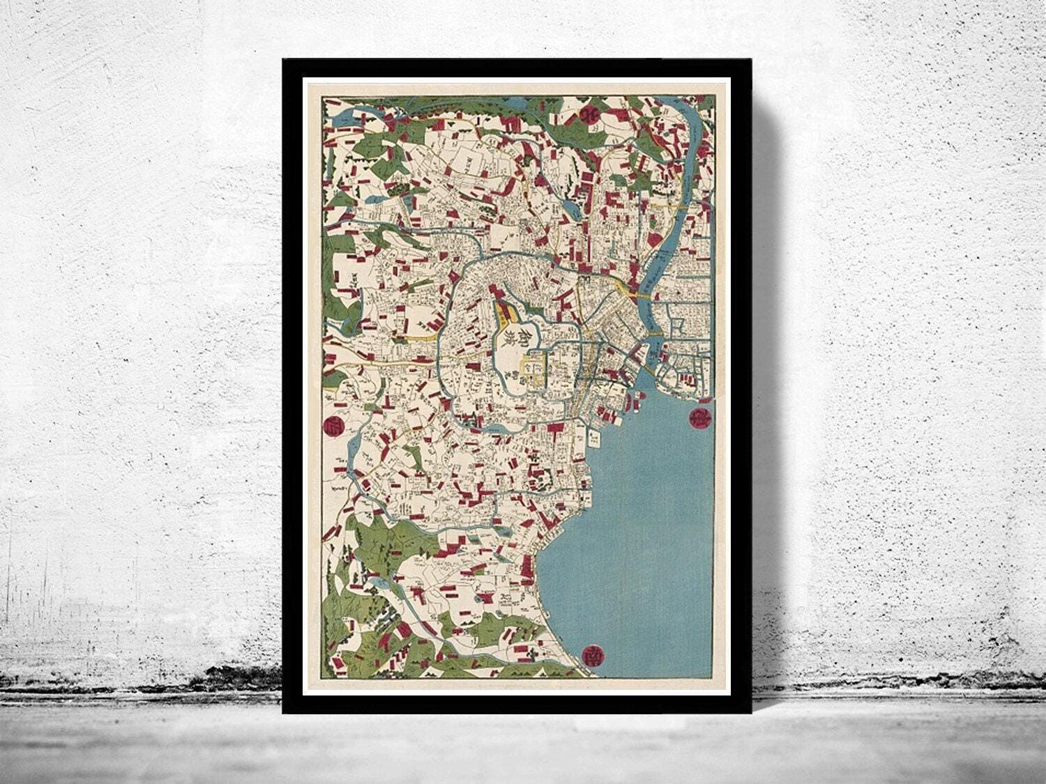 Vecchia mappa di Tokyo, Giappone, 1854, mappa vintage di Tokyo | Stampa artistica da parete con mappa vintage