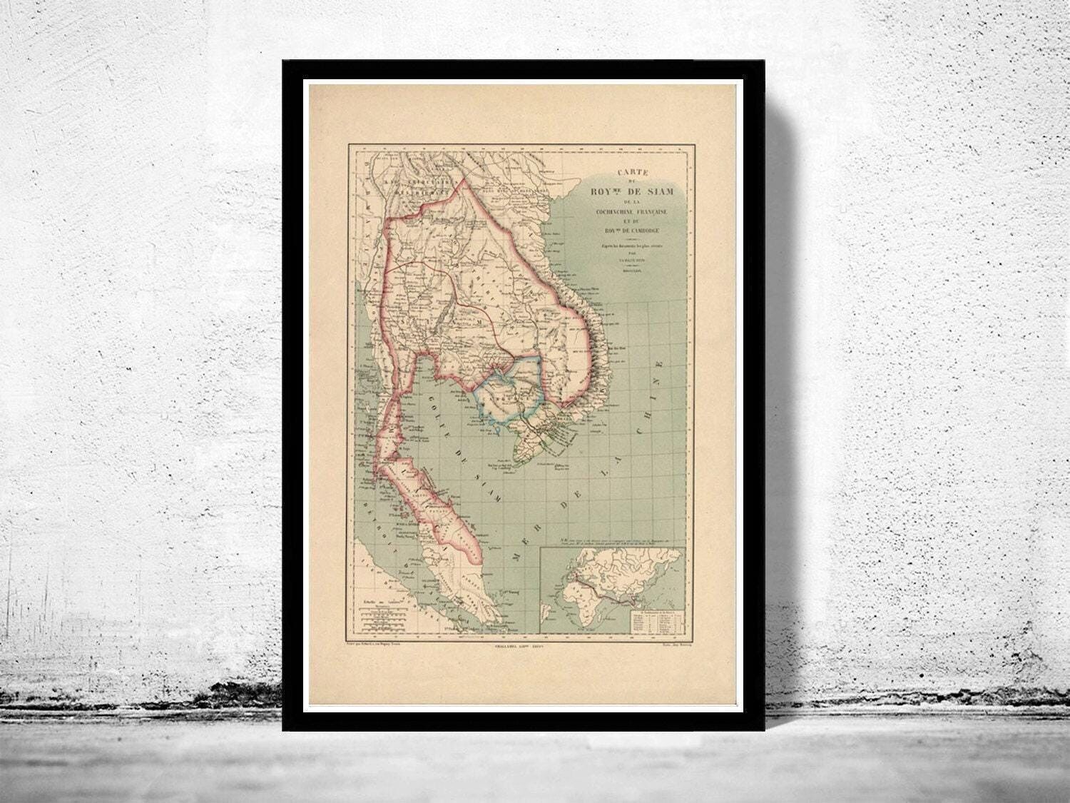 Vecchia mappa della Thailandia, mappa del Siam del 1869 | Stampa artistica da parete con mappa d'epoca