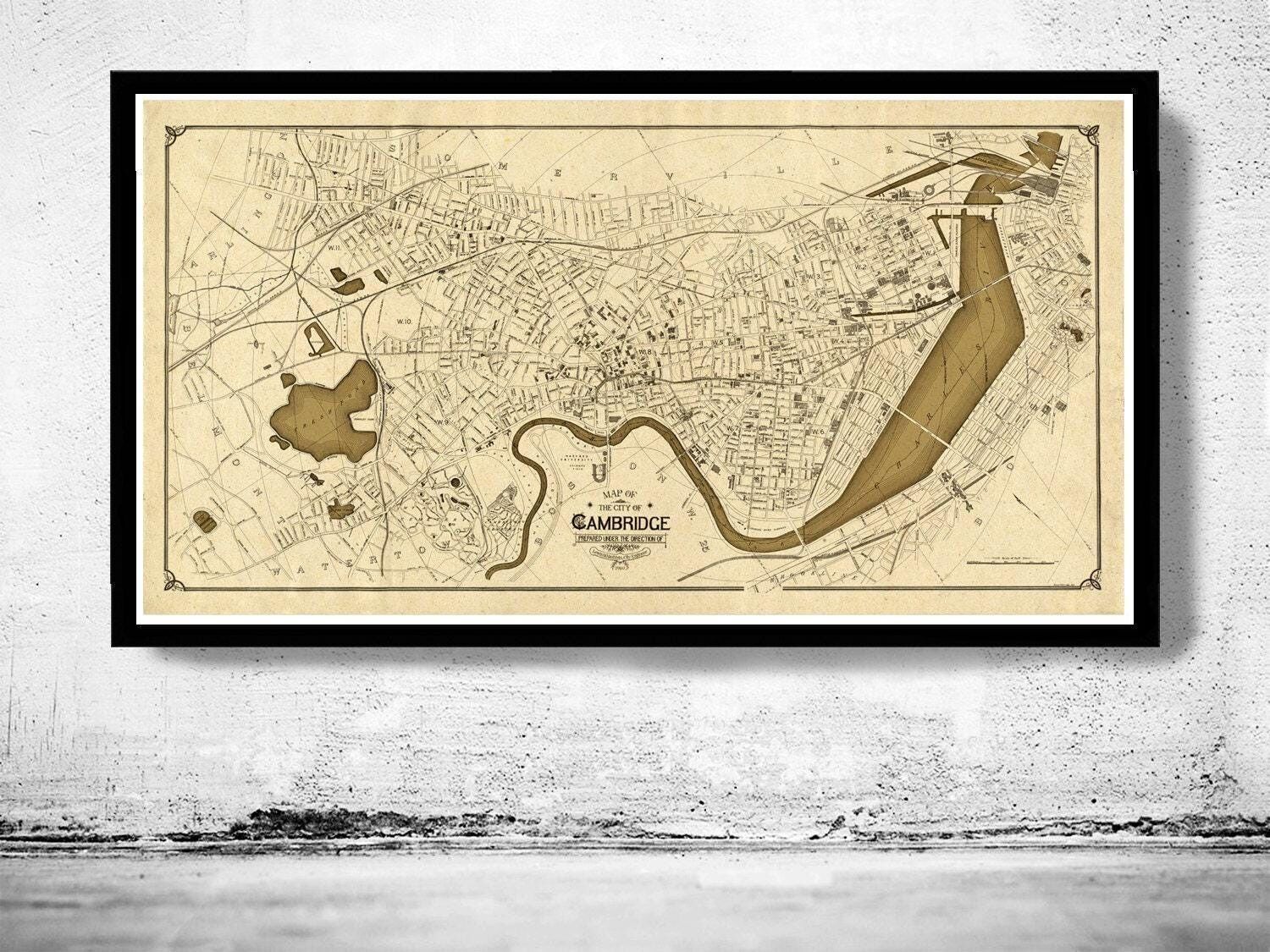 Vecchia mappa di Cambridge, Massachusetts, mappa d'epoca del 1910 | Stampa artistica da parete con mappa d'epoca